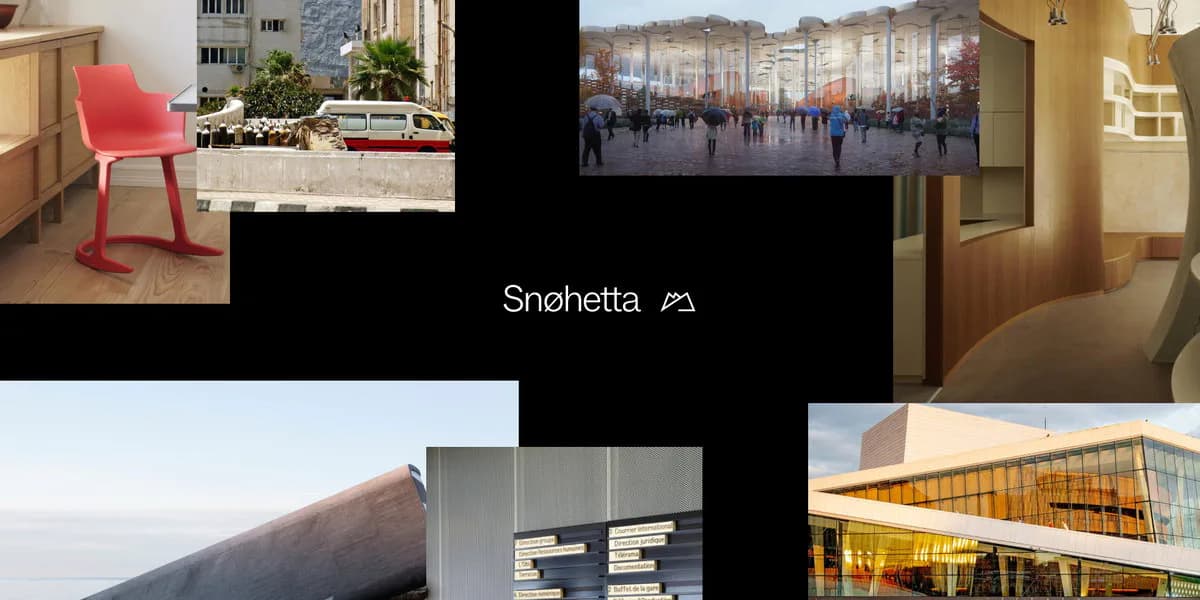 Portfolio collage showcasing Snøhetta's diverse projects including interior spaces, urban plazas, architectural facades, and landscape designs by Snøhetta New York.