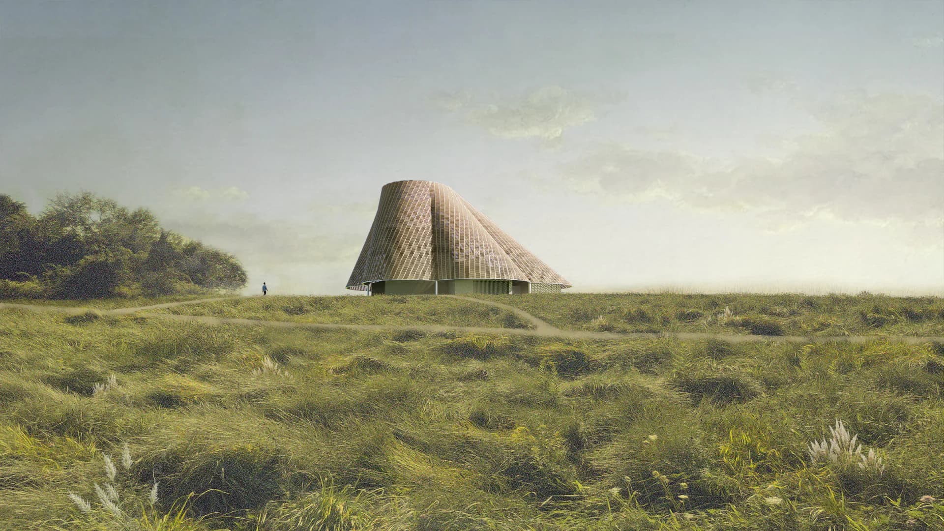 A tent-like earthen structure with vertical ribbed walls sits in a sparse grassland landscape, appearing as an architectural rendering by SO-IL.