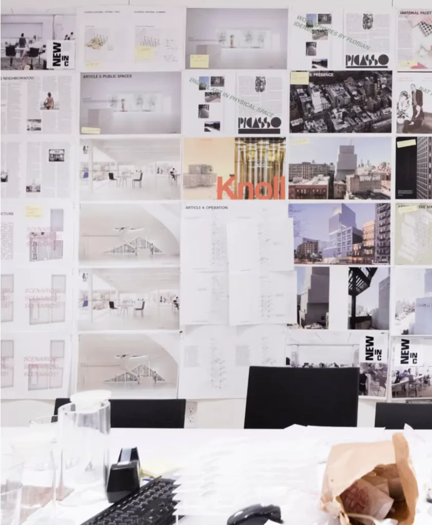 Architectural design presentation board displaying project layouts, photography, and conceptual drawings in black, white, and neutral tones by SO-IL.