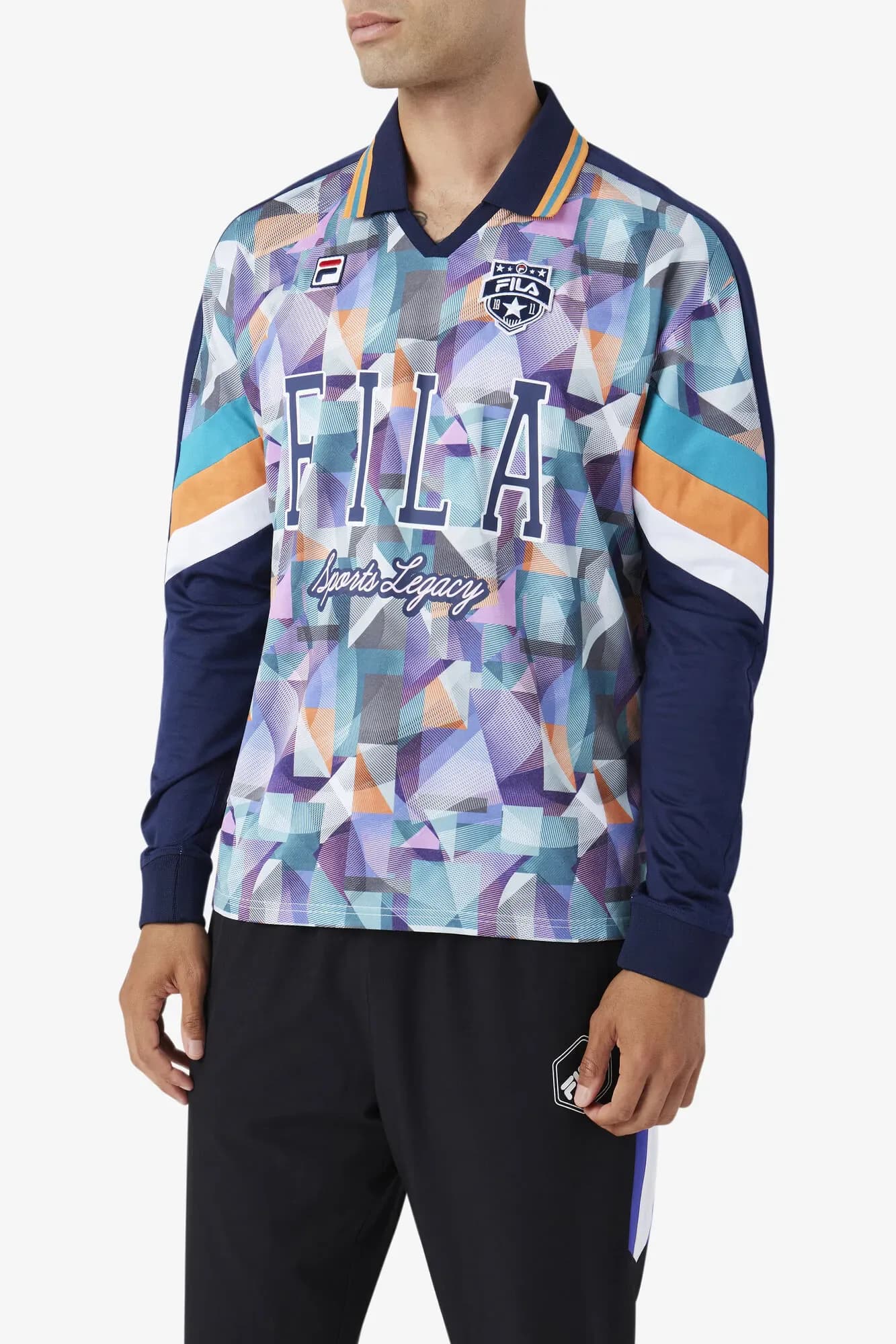 Colorful geometric patterned LA sports jersey with navy sleeves and trim, designed by SOGÉ Studio.