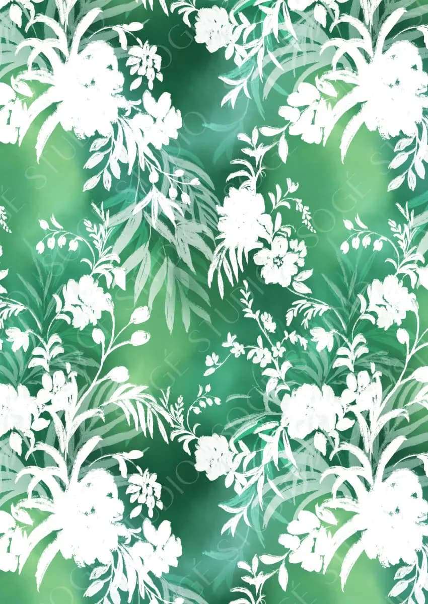 Green and white floral wallpaper pattern featuring layered botanical motifs with leaves and clustered flowers by SOGÉ Studio.