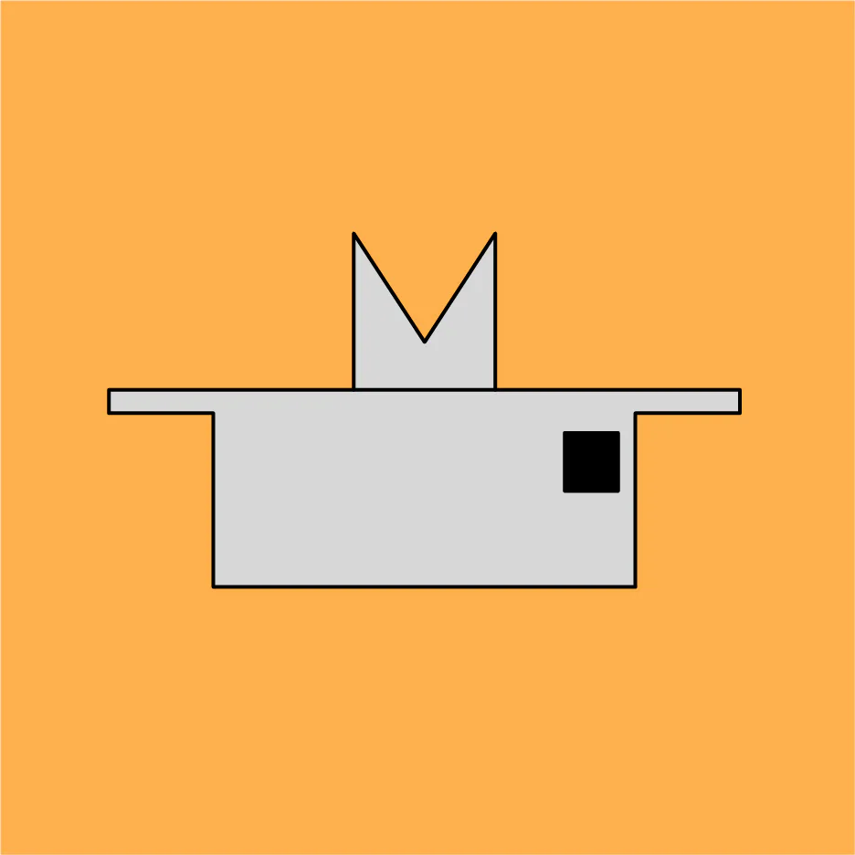 Minimalist architectural drawing of a simple structure with peaked roof form and horizontal wings on orange background by Stan Allen Architect.