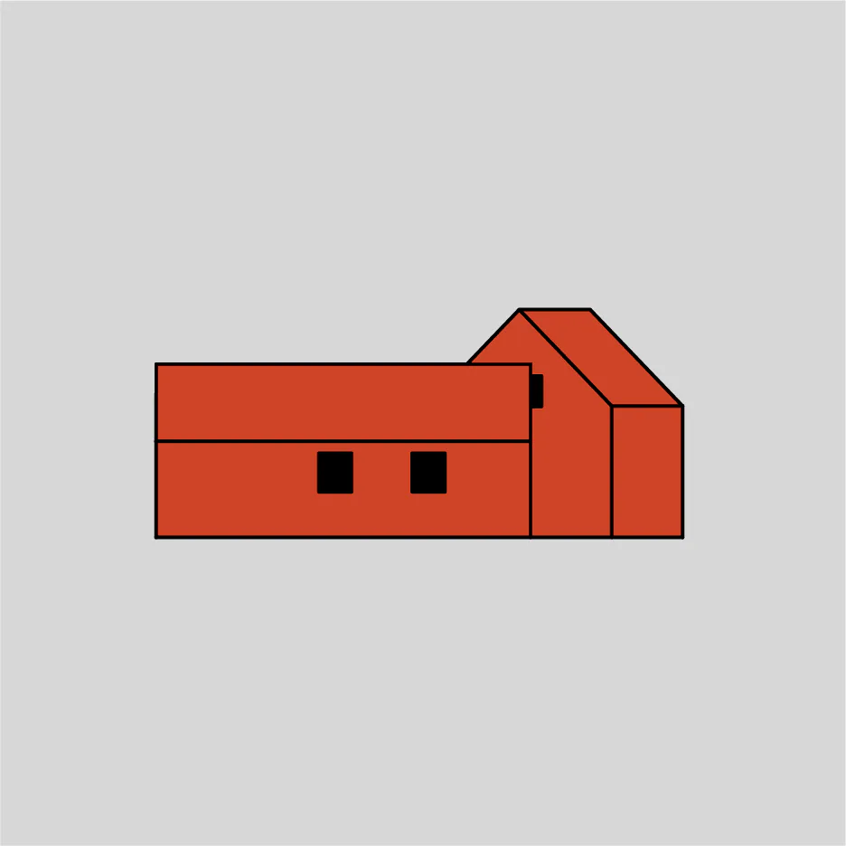 Geometric architectural elevation of a modernist brick building with angular roofline and window openings by Stan Allen Architect.