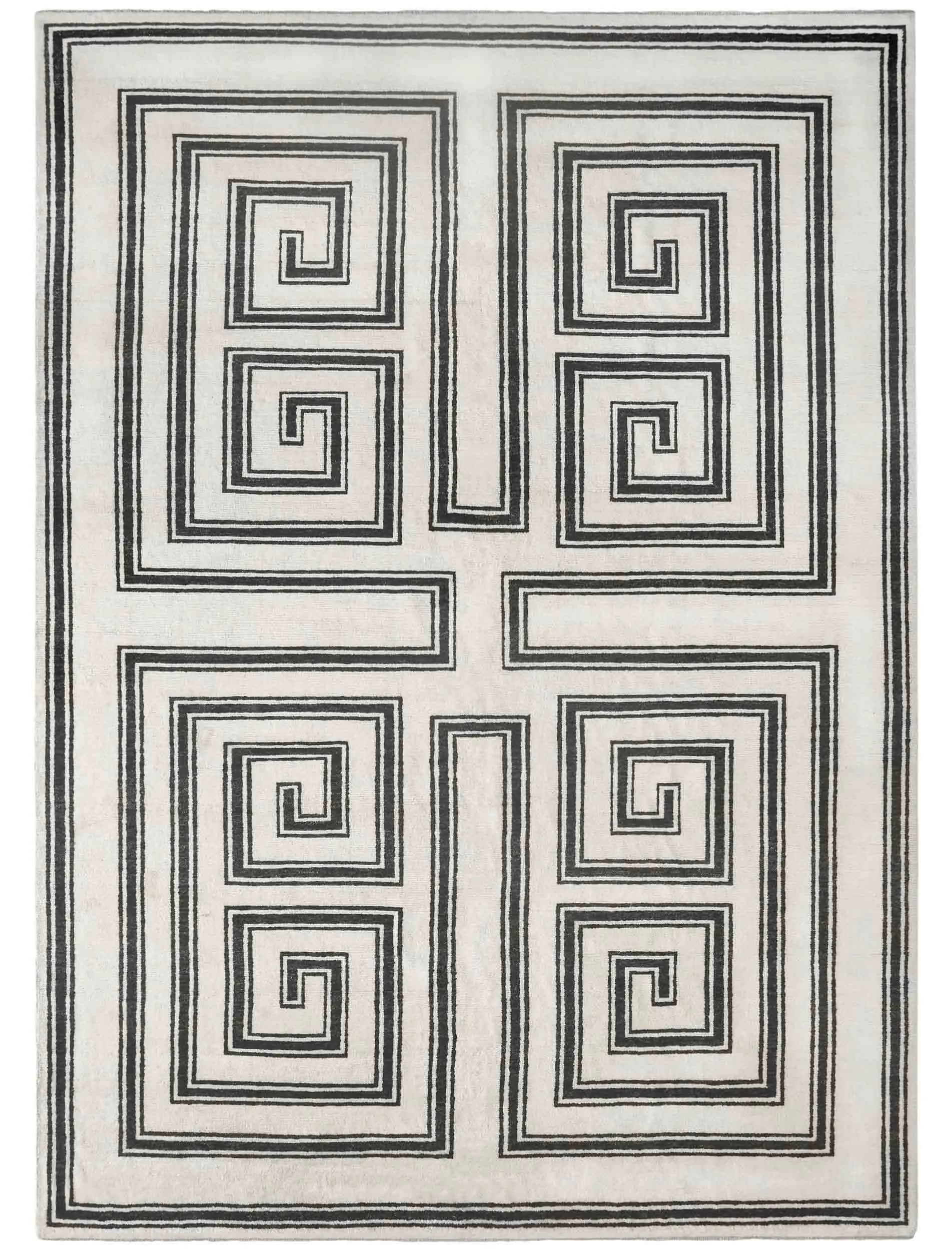 Geometric Greek key pattern carpet design featuring nested spirals arranged in four quadrants, rendered in black linework by Stark Carpet.