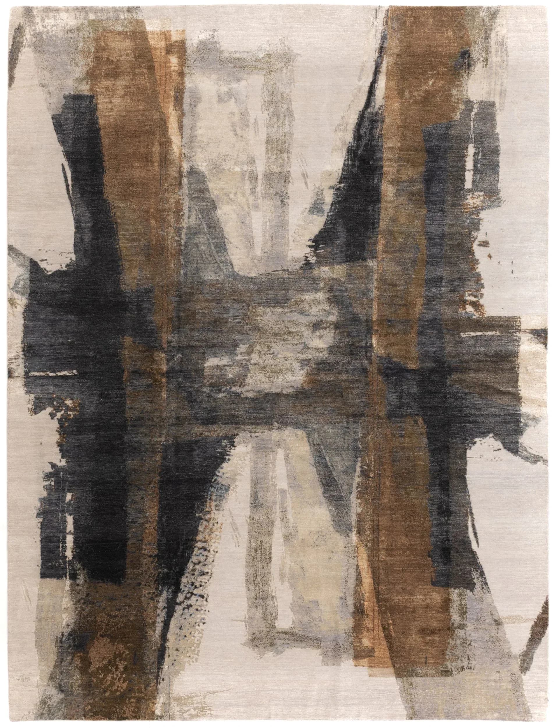Abstract composition featuring vertical striped patterns in black, brown, and cream tones with gestural brushstrokes by Stark Carpet.