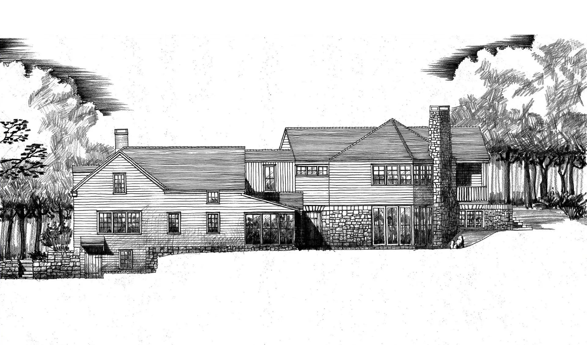 Architectural elevation sketch of a residential home with stone chimney, multiple gables, and surrounding trees rendered in black ink linework by Stephen Ely Architect.