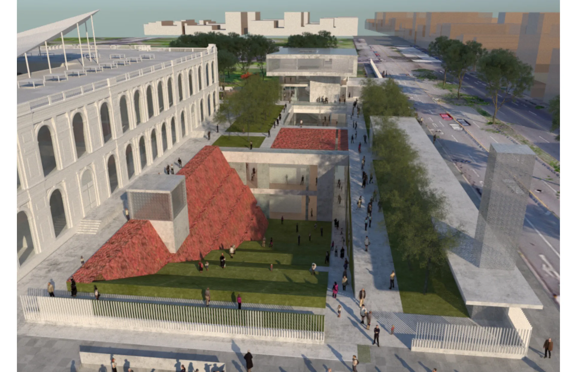 Aerial view of a contemporary public plaza with a striking red pyramidal structure, green landscaping, and white fence surrounding the space, designed by Stephen Moser Architects.