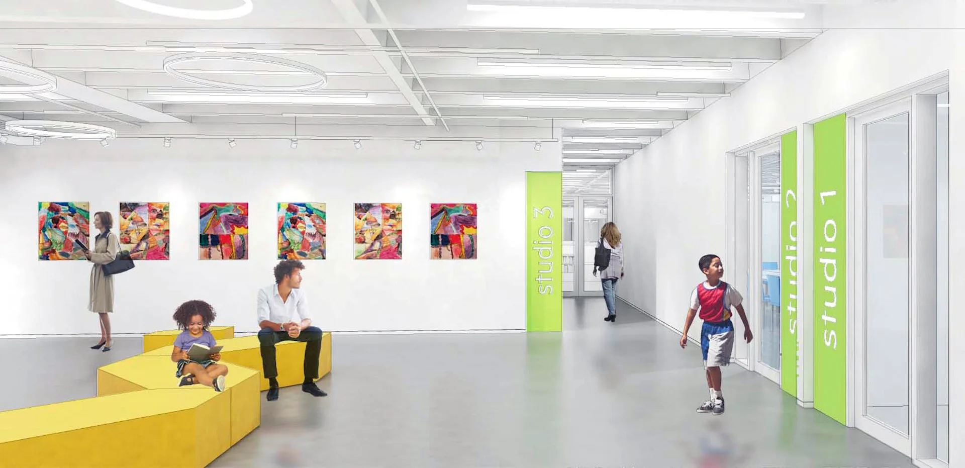 Bright institutional interior with polished concrete floors, yellow seating elements, colorful artwork on white walls, and lime-green doors, featuring synthetic figures in an impossibly perfect lighting environment by Stephen Yablon Architecture.