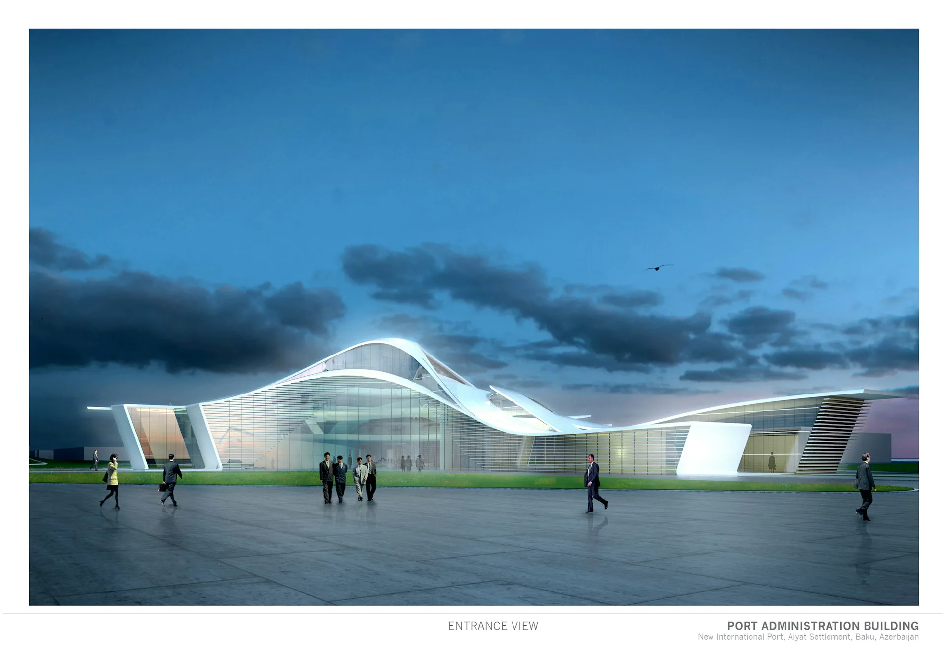 Futuristic Port Administration Building with flowing white curved forms and glass panels set against a twilight sky, by STRATA ARCHITECTS PLLC.