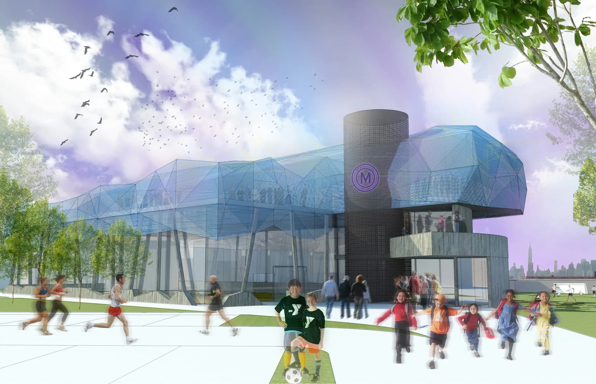 Architectural rendering of a contemporary public building with curved blue-tinted glass facades, cylindrical central tower, and active plaza with pedestrians, surrounded by trees and mountains, by STRATA ARCHITECTS PLLC.