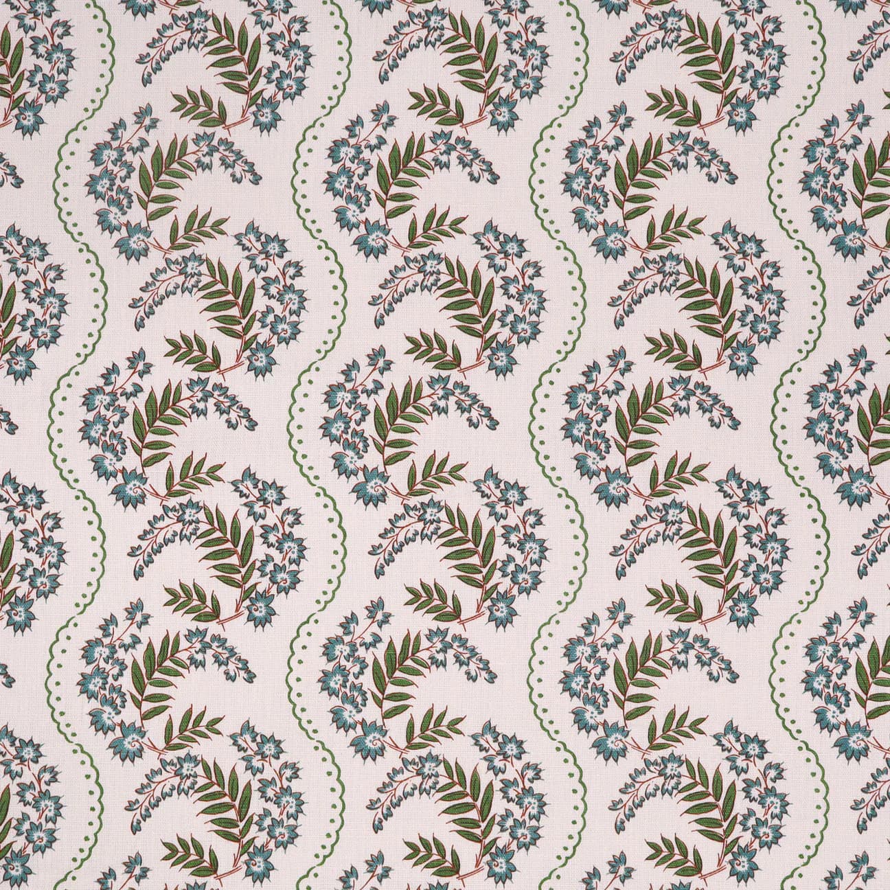 Repeating floral pattern textile design featuring green ferns and blue-purple flowering vines on a cream background, by Studio Four NYC.