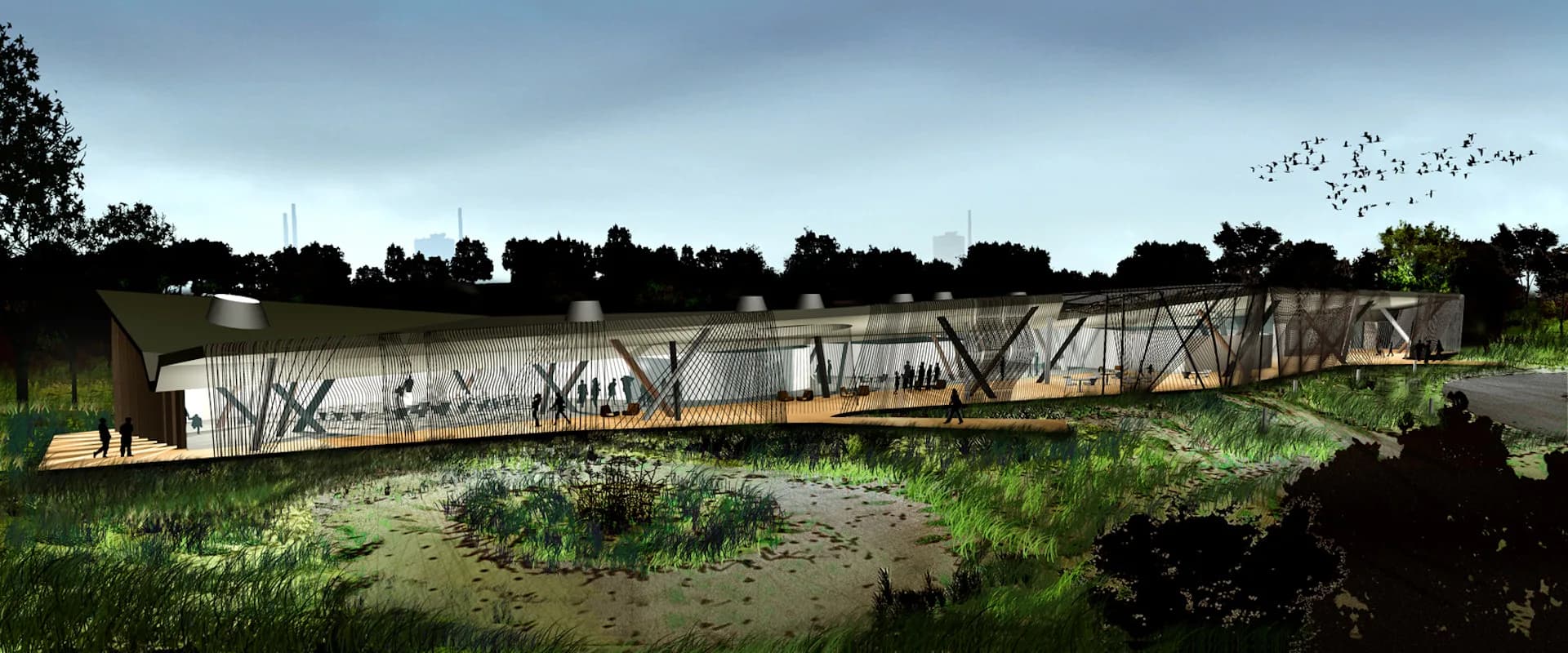 Architectural rendering of a modern linear building with glass and wood materials set in a green landscape by Studio Gang.