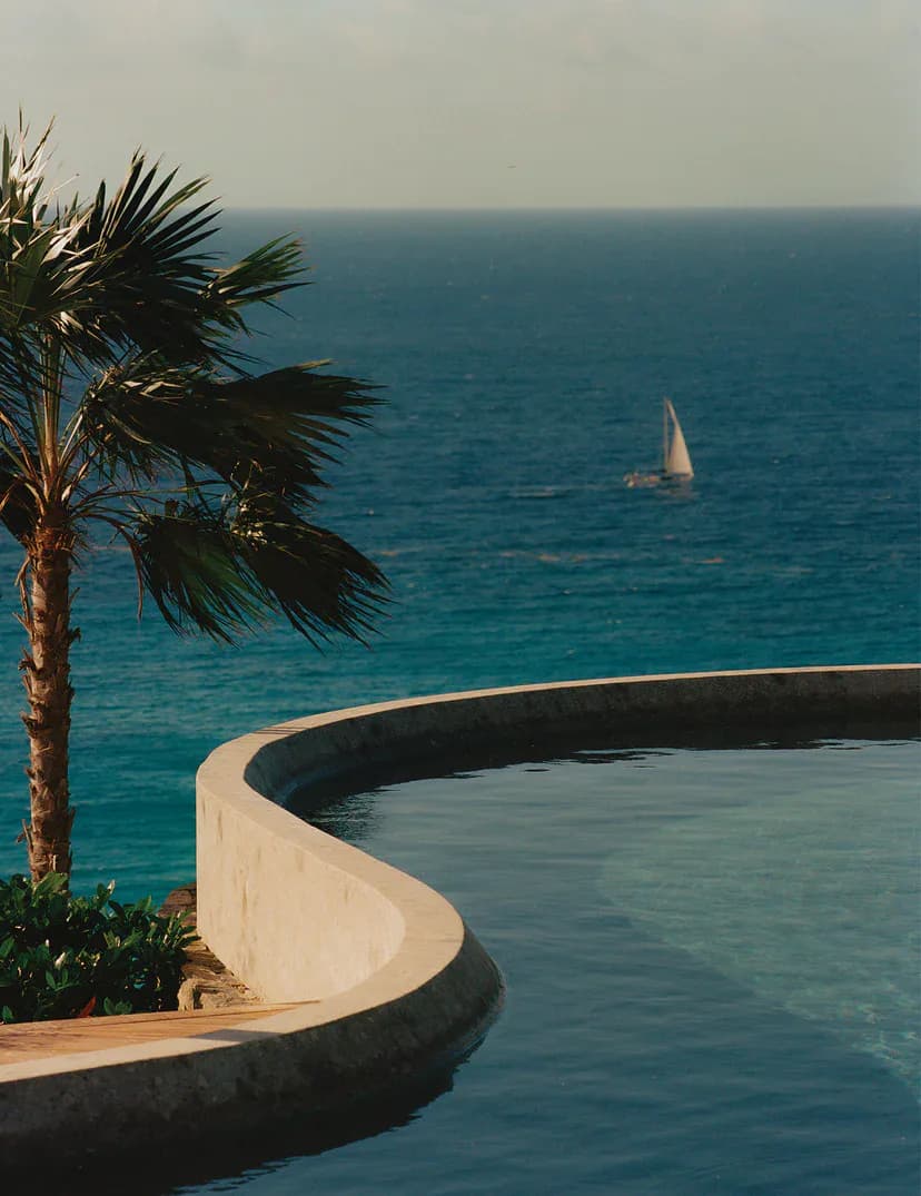 Curved modernist pool structure with black and white concrete edges overlooking turquoise ocean waters, featuring a palm tree in the foreground by Studio Valle de Valle.