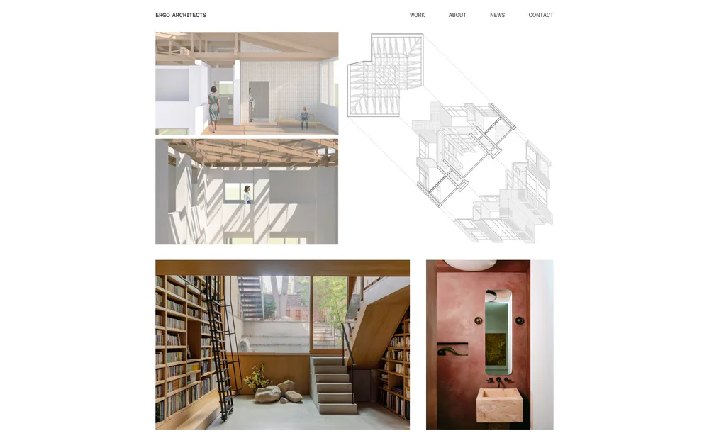 Architectural project combining interior renderings of residential spaces with wood and neutral tones alongside floor plans and sectional drawings by ERGO Architects.