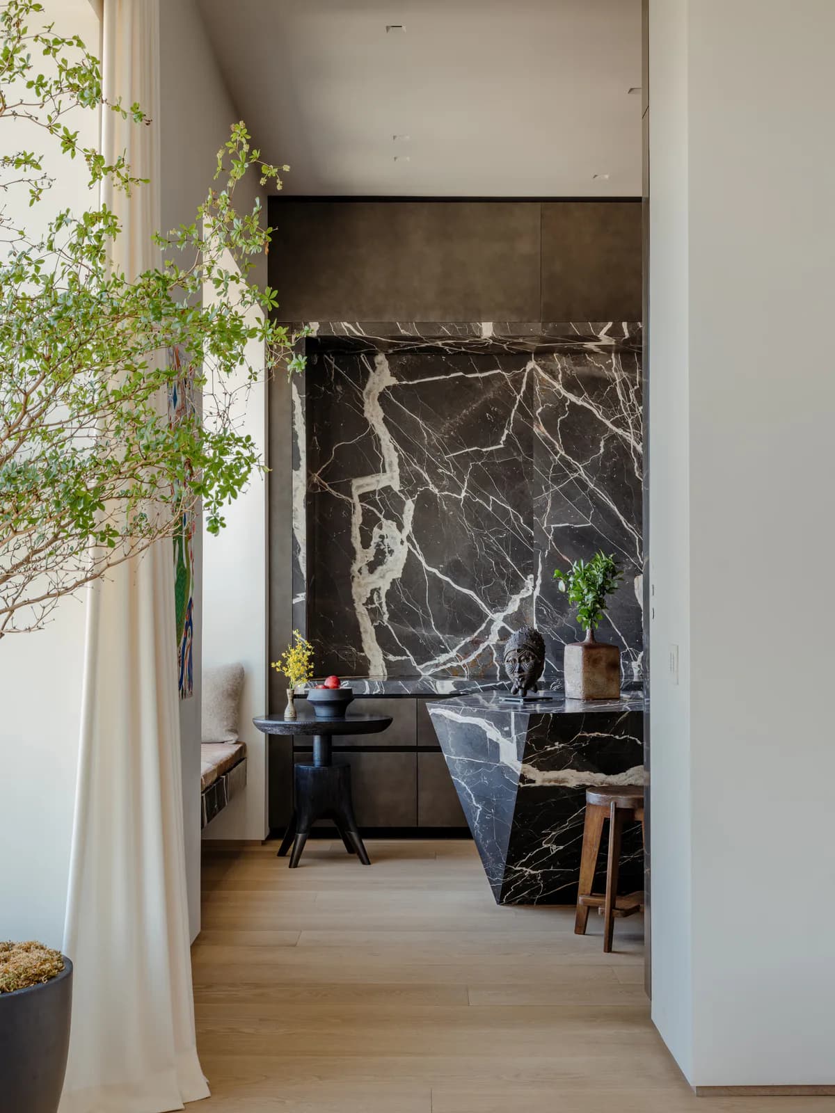 Modern interior hallway with dramatic black marble feature wall, wooden flooring, contemporary furnishings, and potted greenery by ERGO Architects.