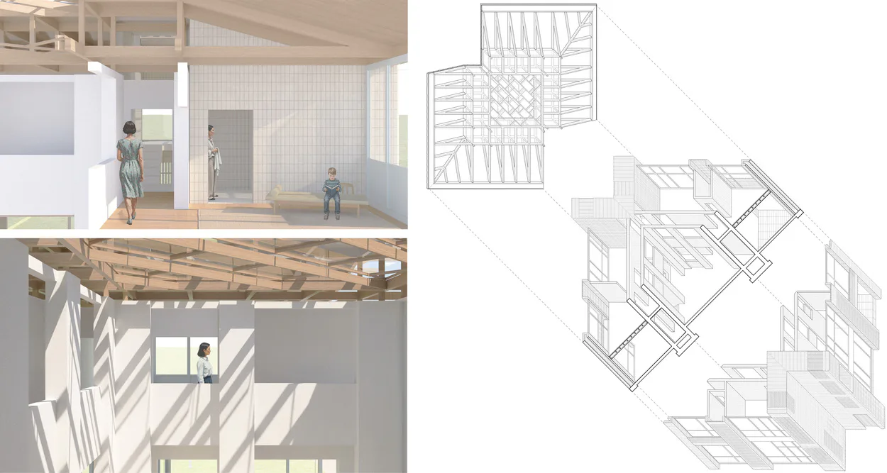 Architectural rendering and floor plans for a residential interior featuring wood beams, natural light, and multi-level layout by ERGO Architects.
