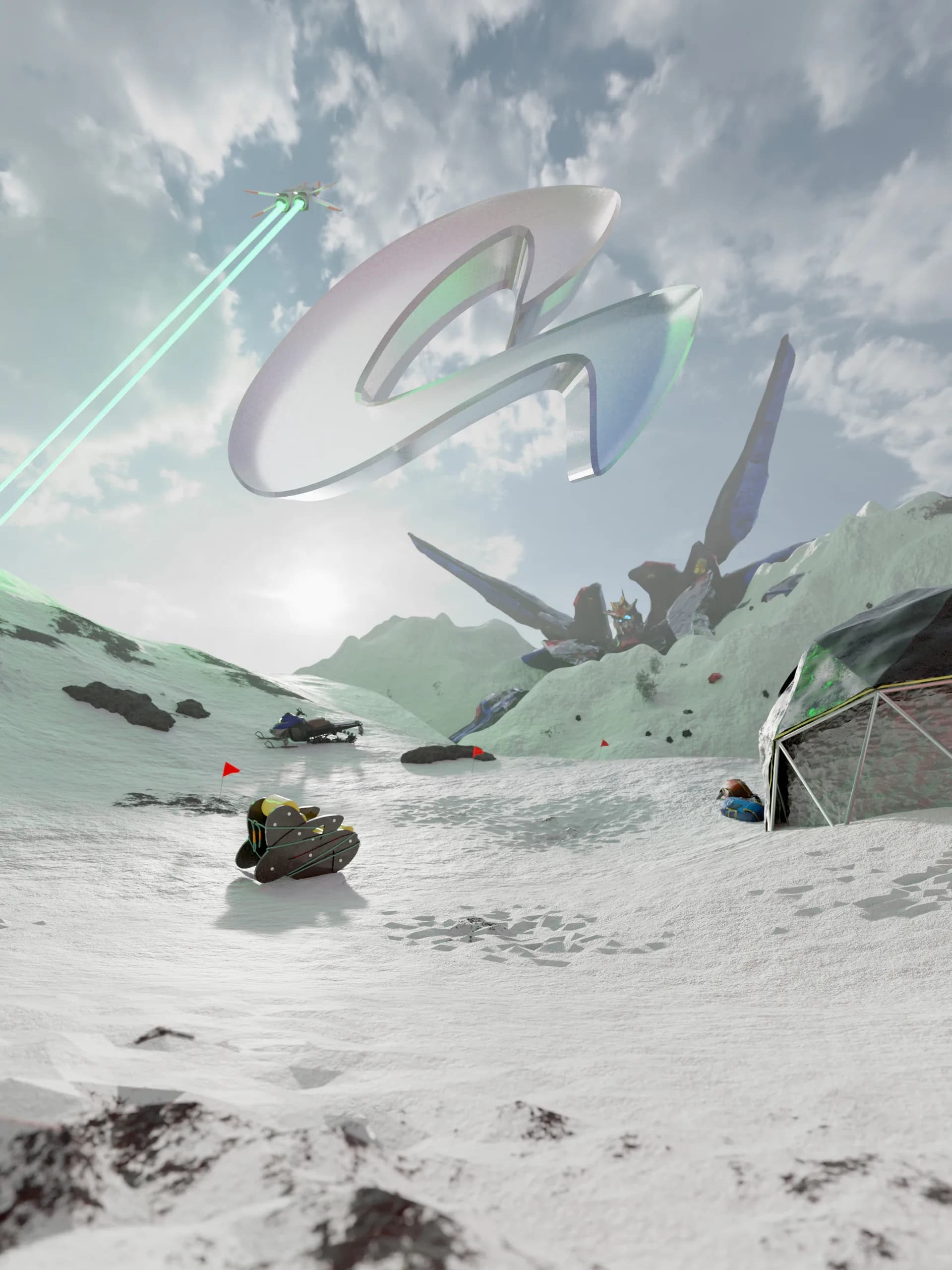 Surreal alien landscape with crashed spacecraft, sand dunes, and ethereal light beams by Studio Guapo.