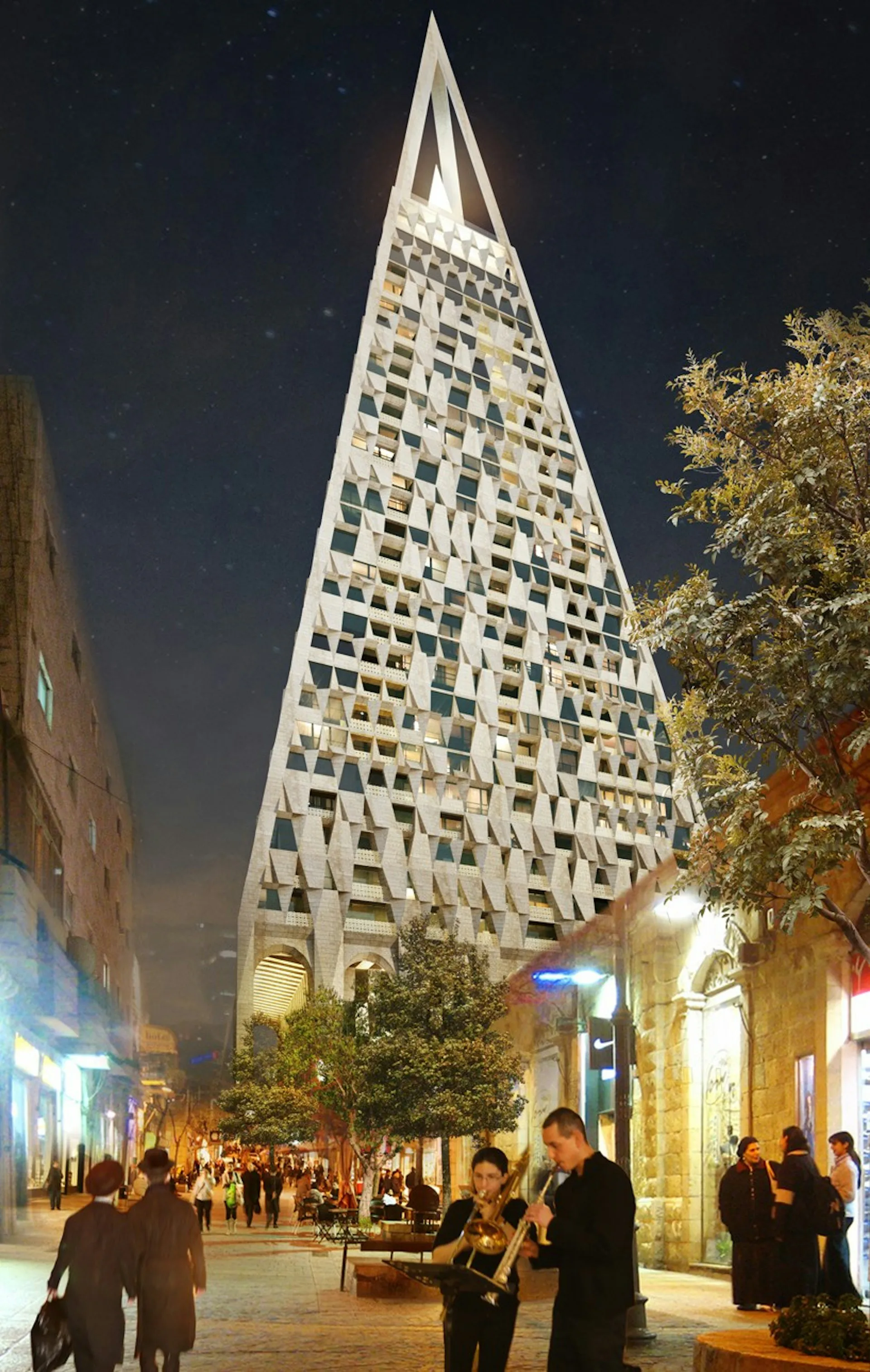 Illuminated conical tower with geometric window pattern rises above a pedestrian plaza lined with trees and retail storefronts at night by Studio Libeskind.