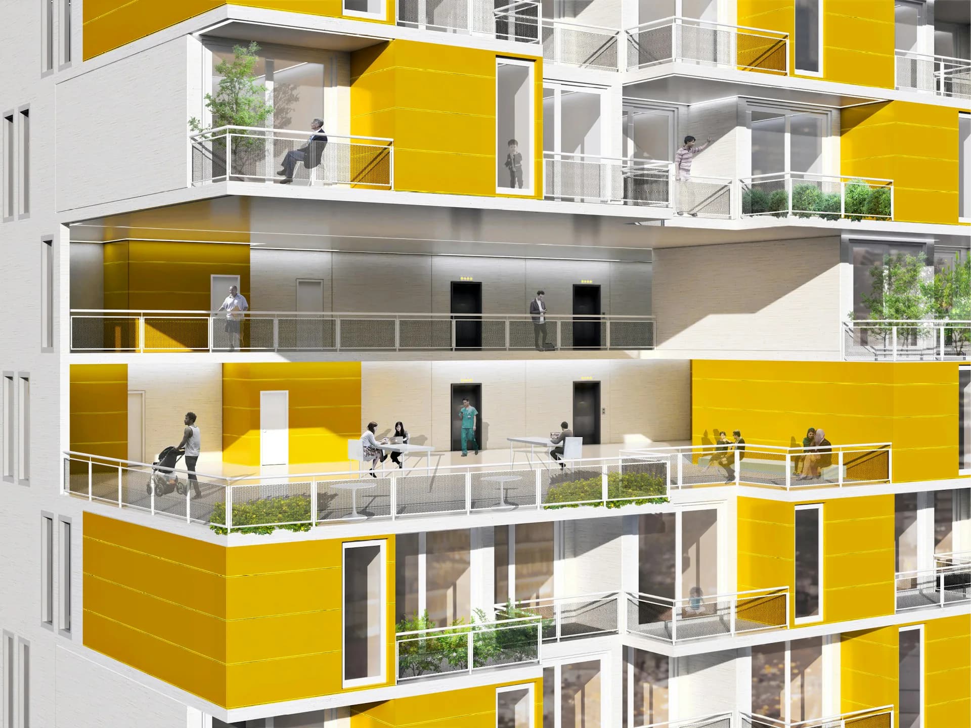 Modern residential building facade with yellow and white panels, balconies, and planted terraces by Studio ST Architects.