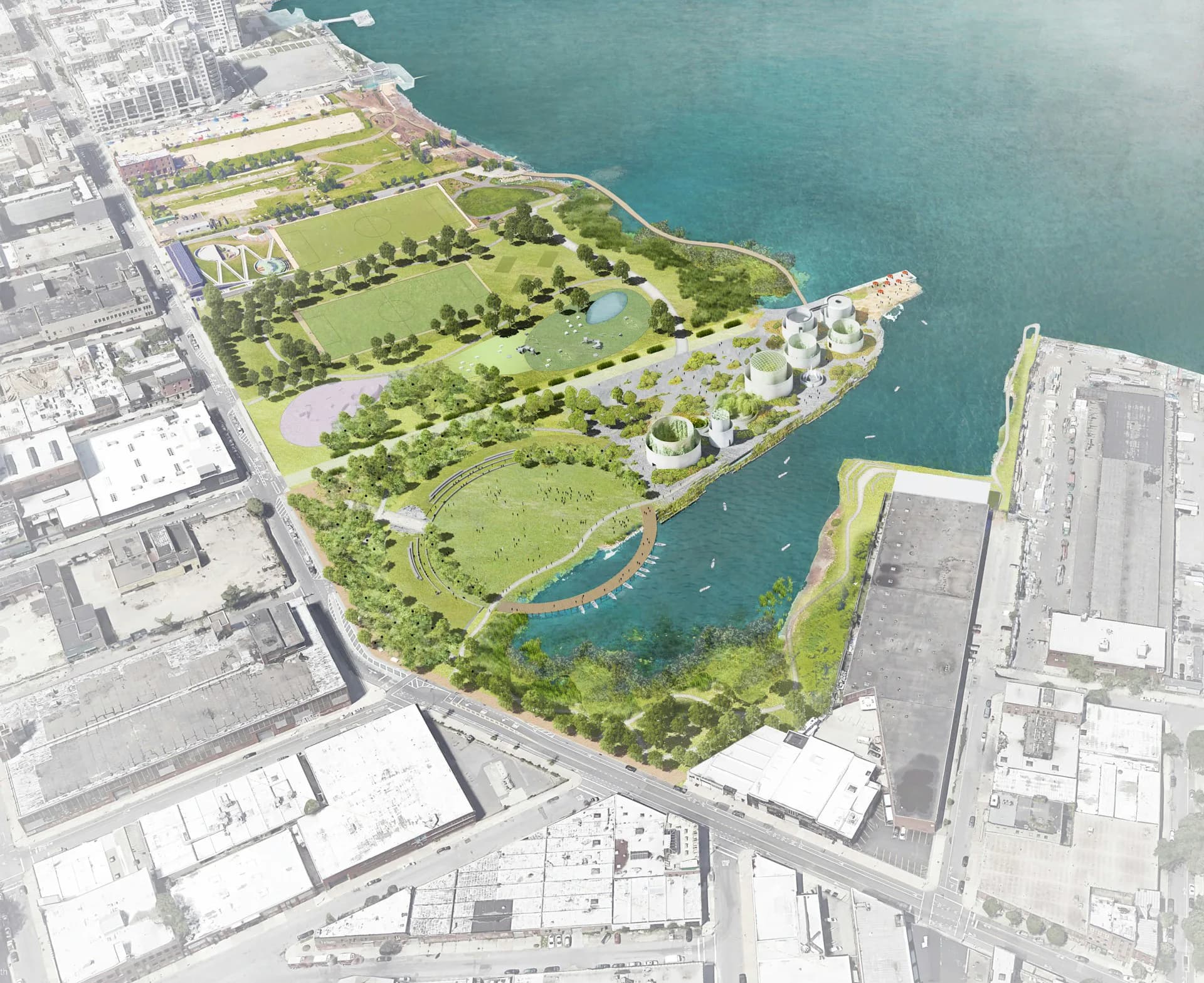 Aerial rendering of waterfront park with green spaces, pathways, and architectural structures along turquoise water by STUDIO V.