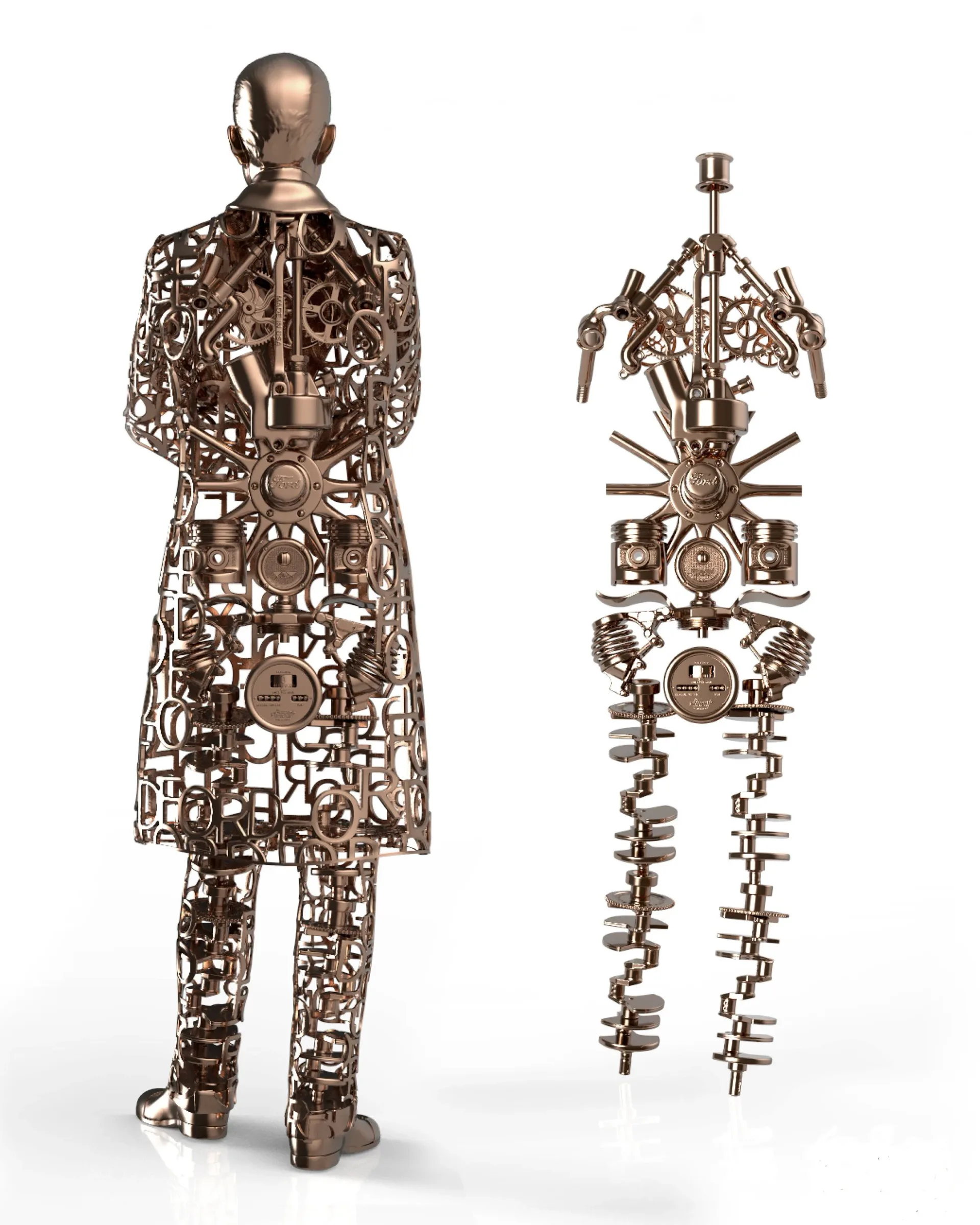 Bronze sculptural figures with intricate mechanical and organic detailing, shown front and back views by StudioEIS.