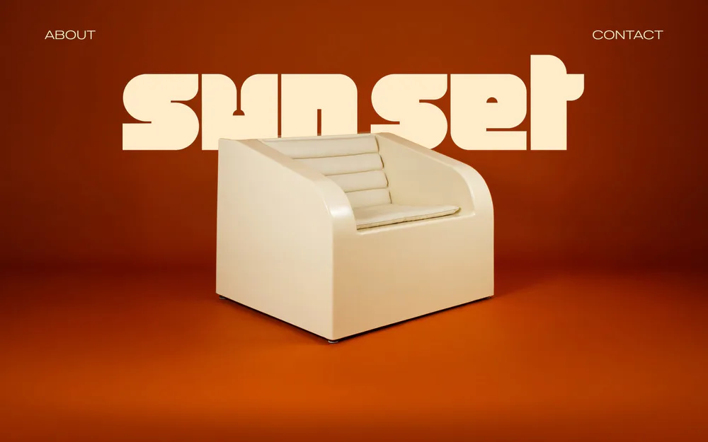 Cream-colored sculptural chair with geometric form and draped fabric detail against warm orange gradient background by Sun Set.