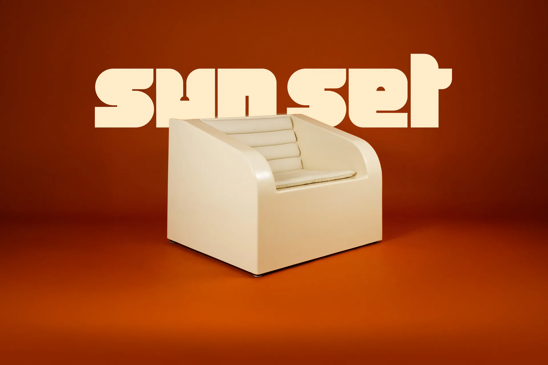 3D rendered cream-colored armchair with angular geometric forms against warm orange gradient background, by Sun Set.