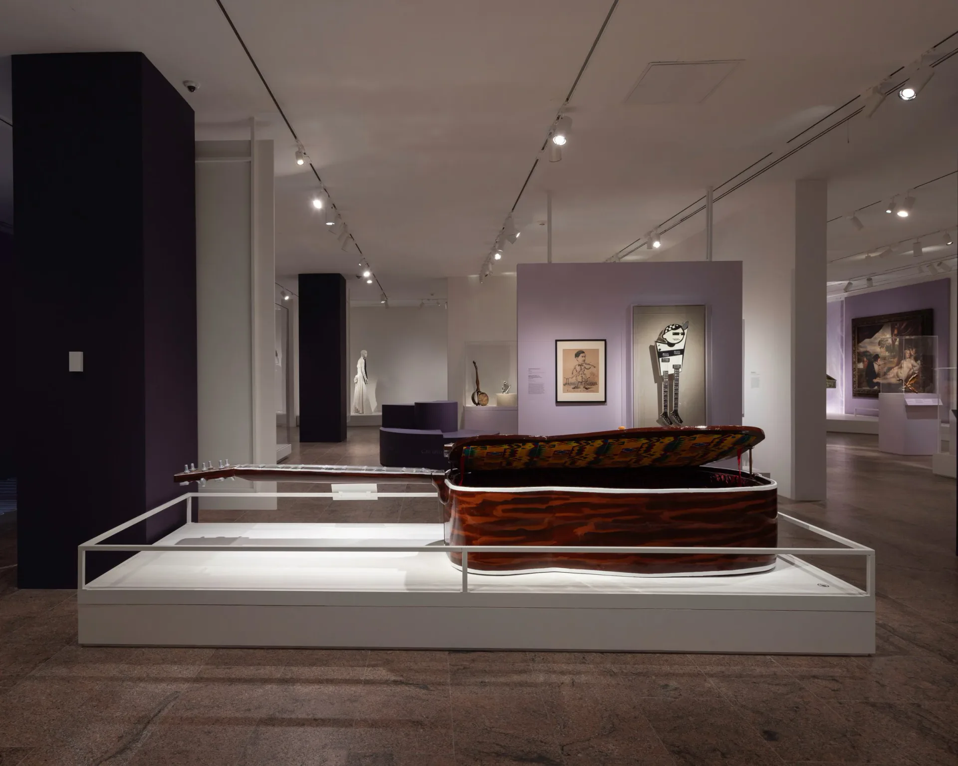 Contemporary museum gallery with curved wooden display cases, purple accent walls, and track lighting, designed by Superhouse.