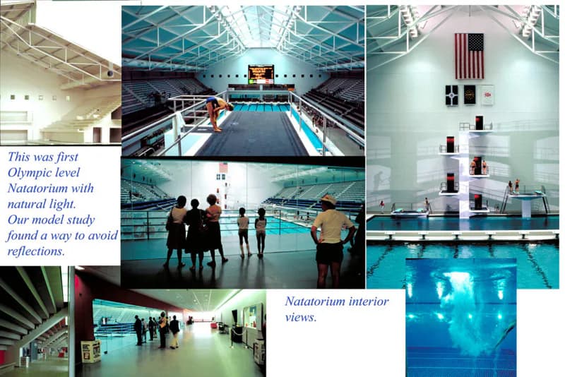 Olympic-level natatorium with natural skylight, featuring multiple pool views, diving platform, and bright interior spaces by Talo Architect, P.C.