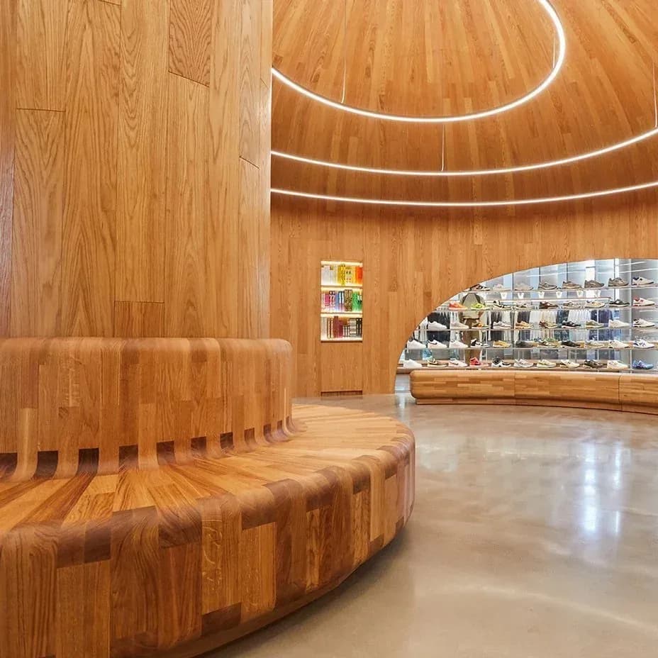 Warm wooden interior with curved seating and ceiling details, polished concrete floors, and curved display case by The New Motor.