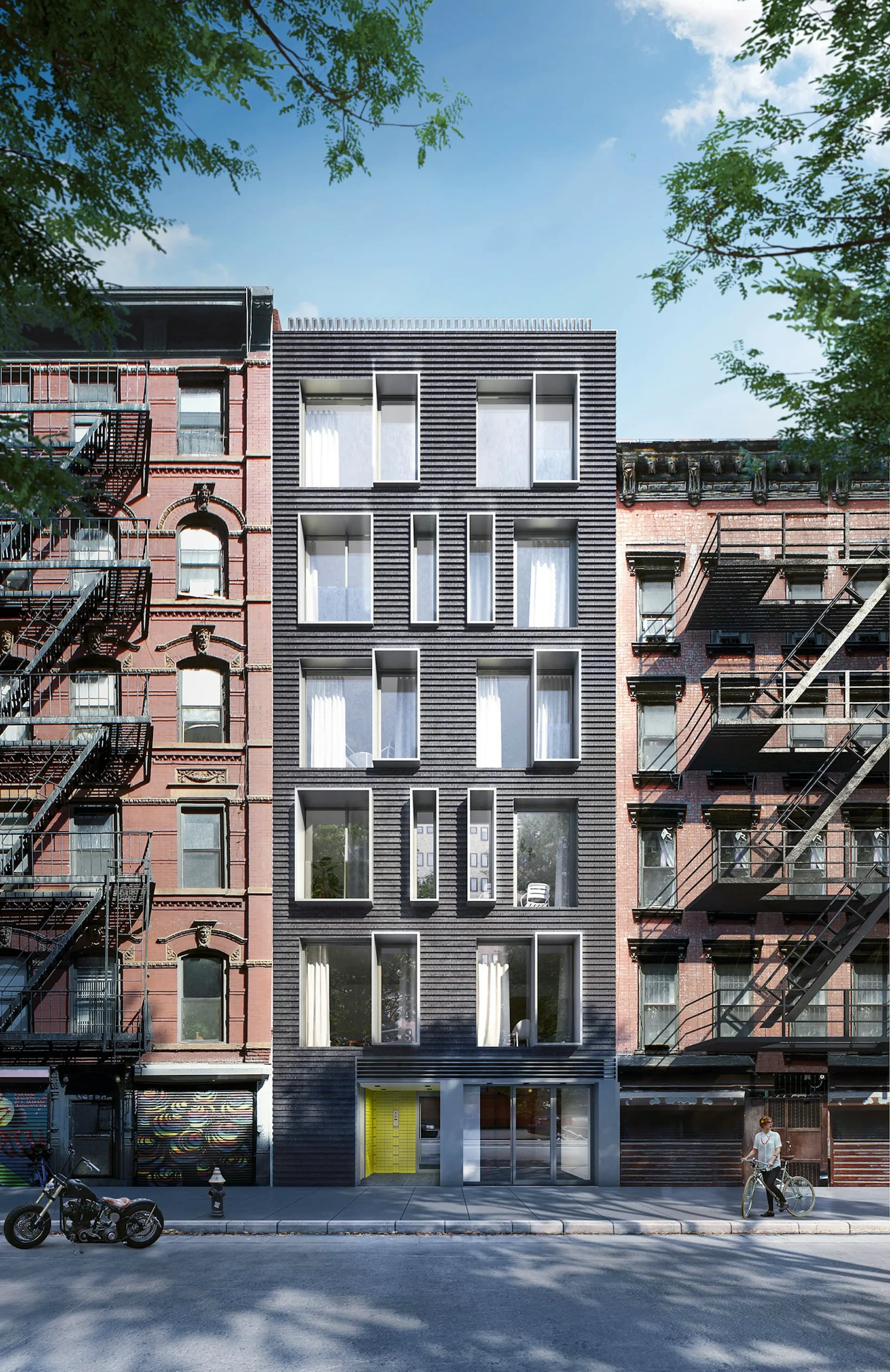 Modern narrow residential building with dark corrugated metal facade and large windows nestled between two traditional red brick buildings with fire escapes, by Think! Architecture + Design.