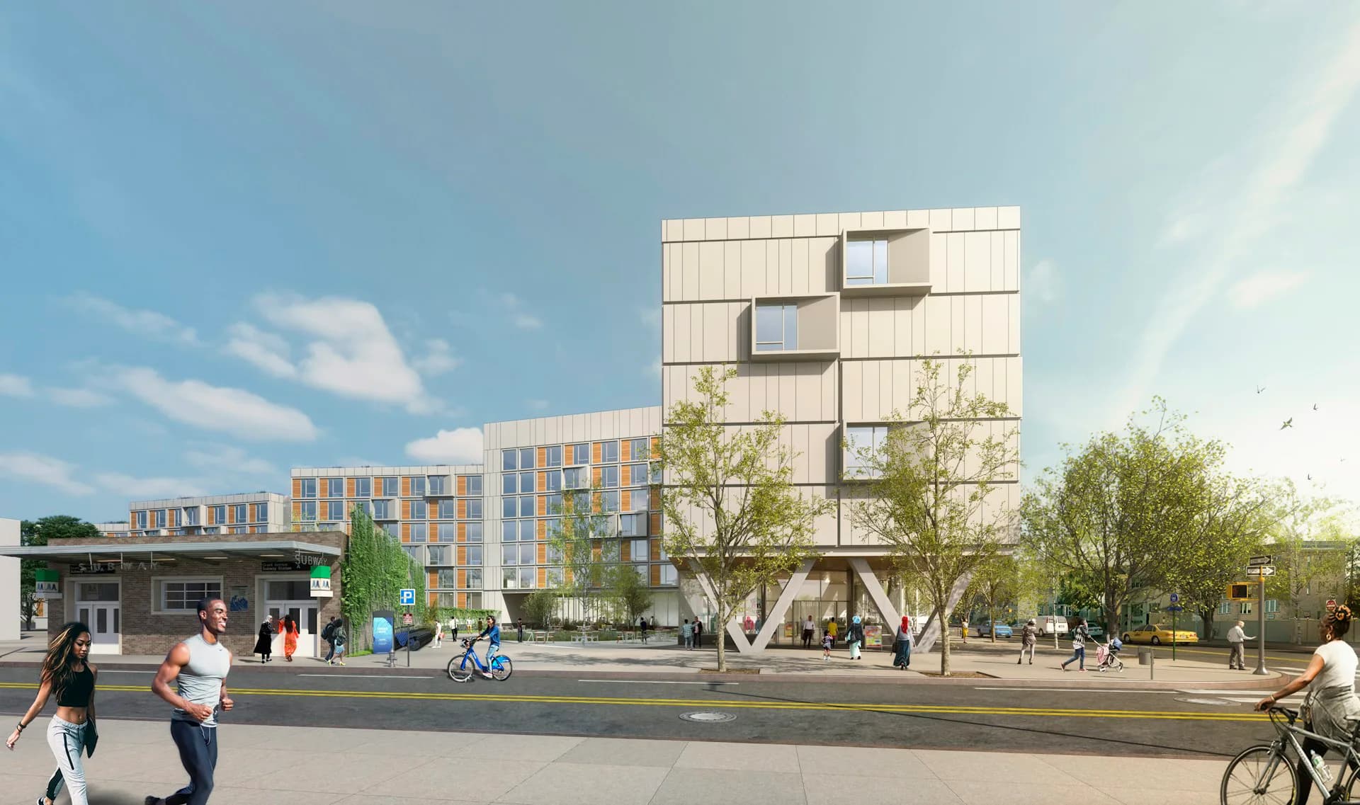 Mixed-use urban plaza with residential buildings featuring distinctive stacked window modules, public gathering spaces, and landscaping by Think! Architecture + Design.
