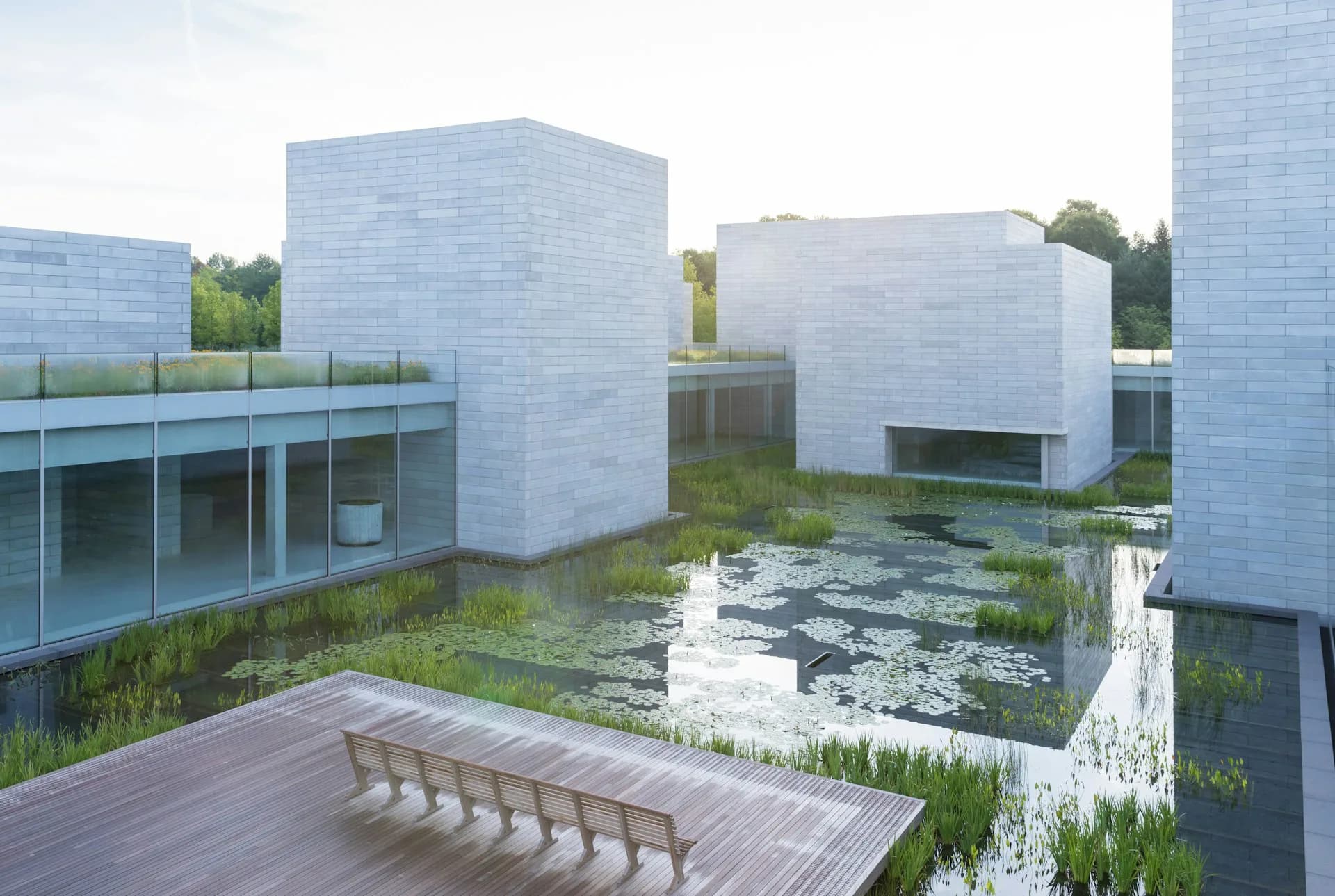 Contemporary residential complex with white cubic volumes surrounding a central pond and wooden deck, featuring modernist architecture by Thomas Phifer and Partners.