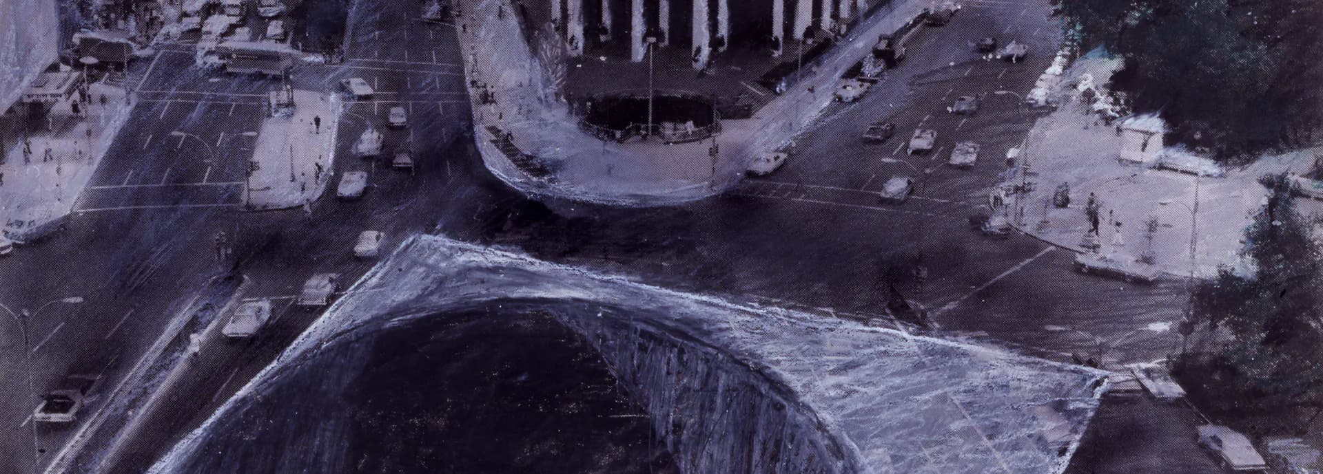Aerial view of a curved modern building with geometric roofline and surrounding plaza spaces, rendered in cool tones by Tod Williams Billie Tsien Architects.