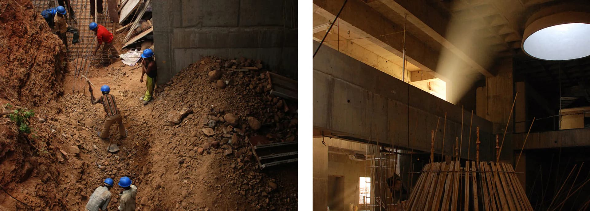 Two construction and interior views showing excavated earth work with workers and a wooden beam storage space with dramatic overhead lighting by Tod Williams Billie Tsien Architects.
