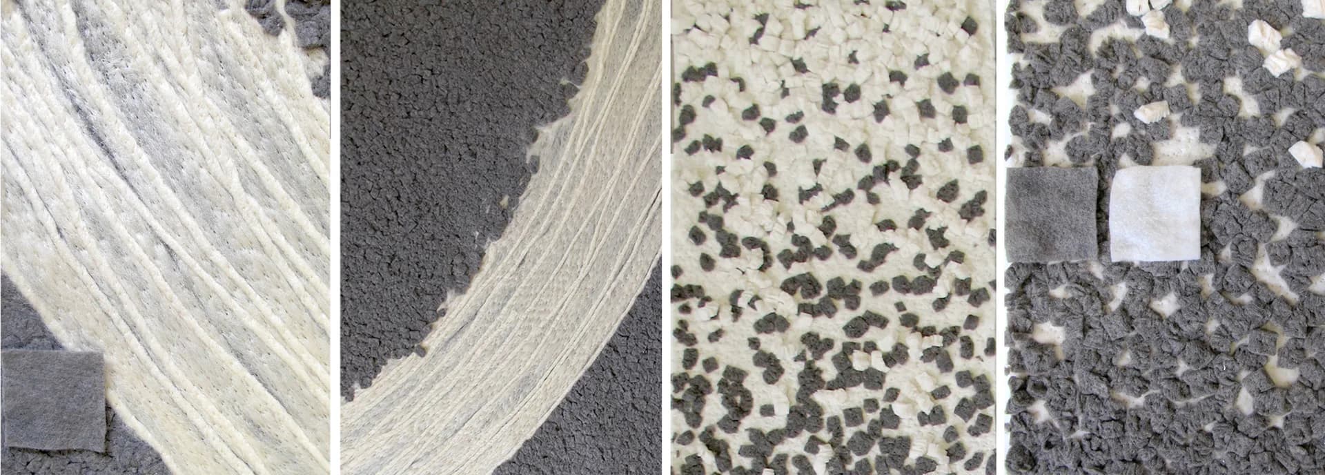 Four material detail photographs showing close-ups of textured surfaces including woven fibers, granular patterns, and aggregate compositions by Tod Williams Billie Tsien Architects.
