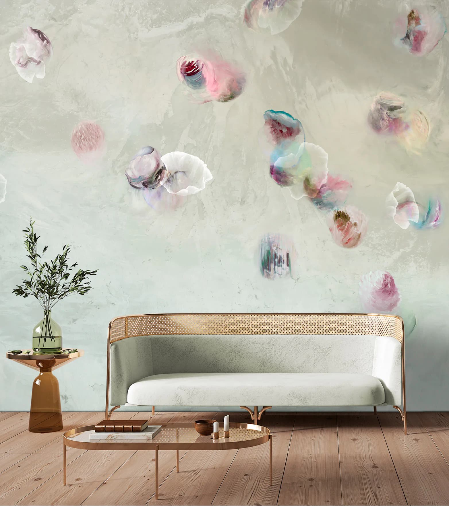 Modern living room interior with minimalist sofa, wooden side table, and artistic watercolor wall installation by Trove.