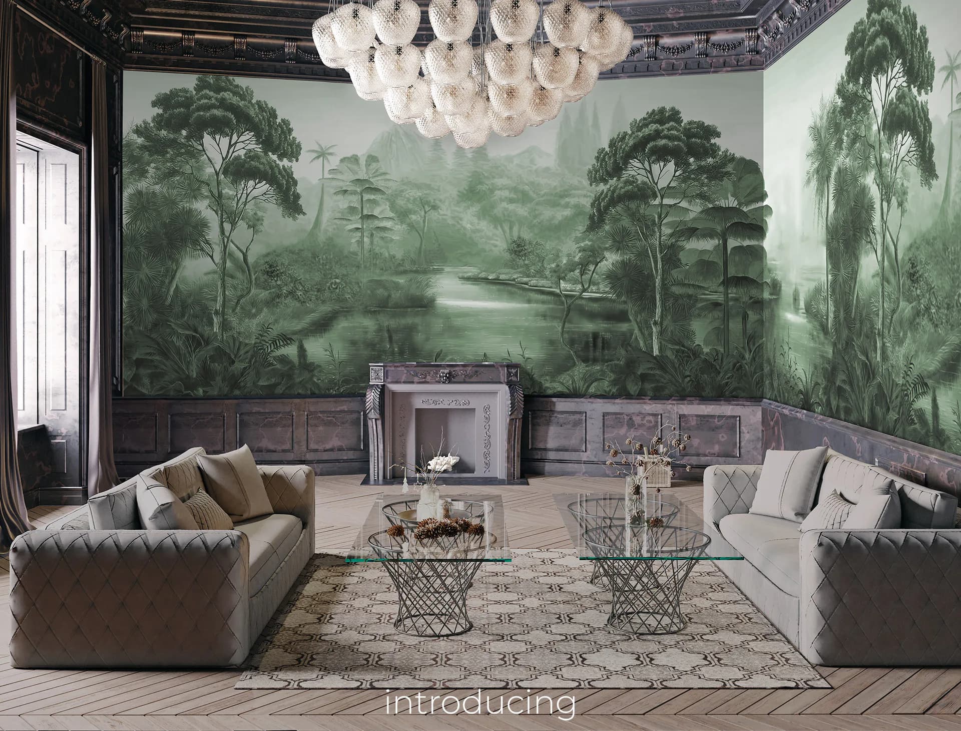 Luxurious living room with forest mural, symmetrical seating, chandelier, and geometric side tables by Trove.