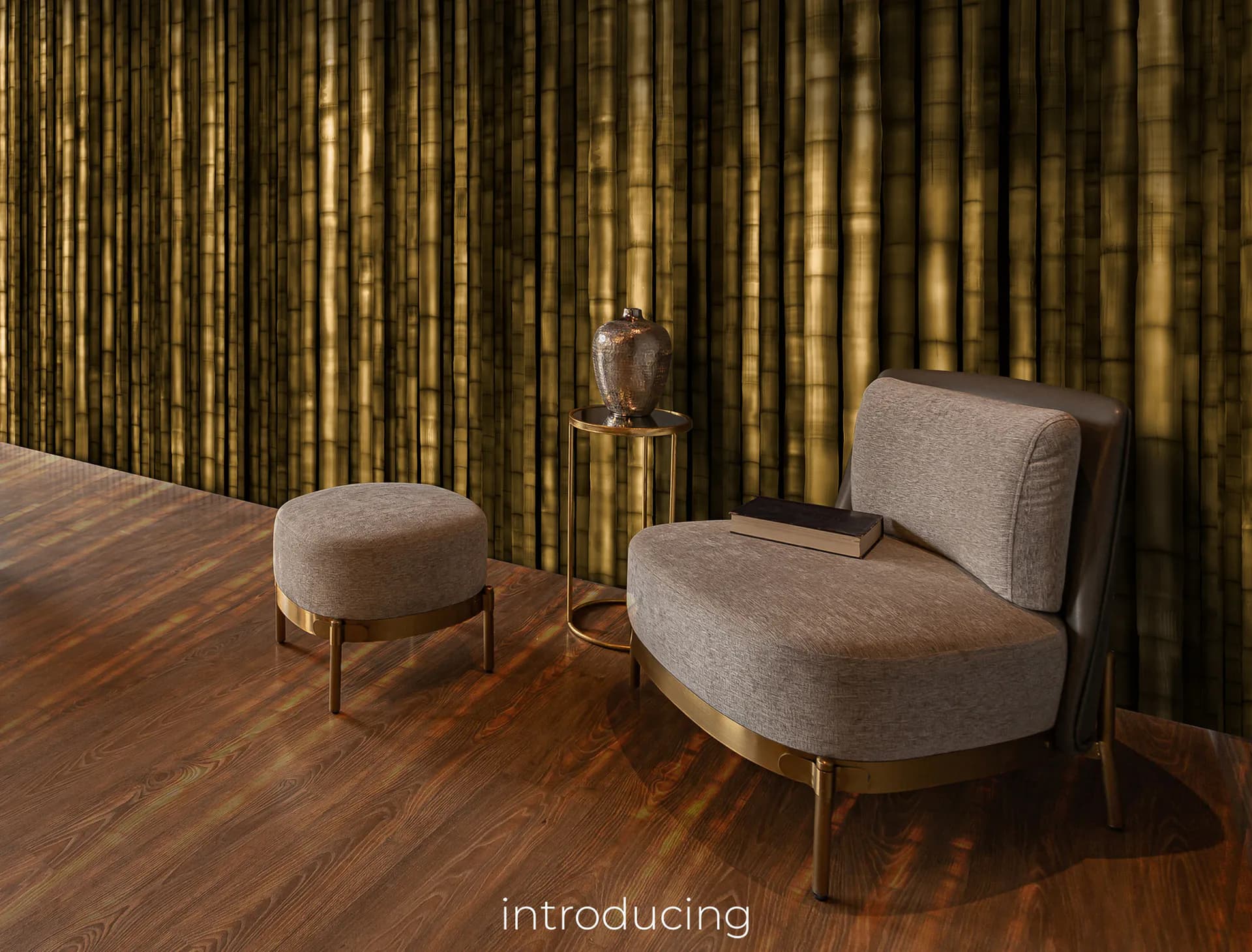Modern furniture showroom with curved gray upholstered chair and ottoman against dramatic gold striped curtain backdrop by Trove.