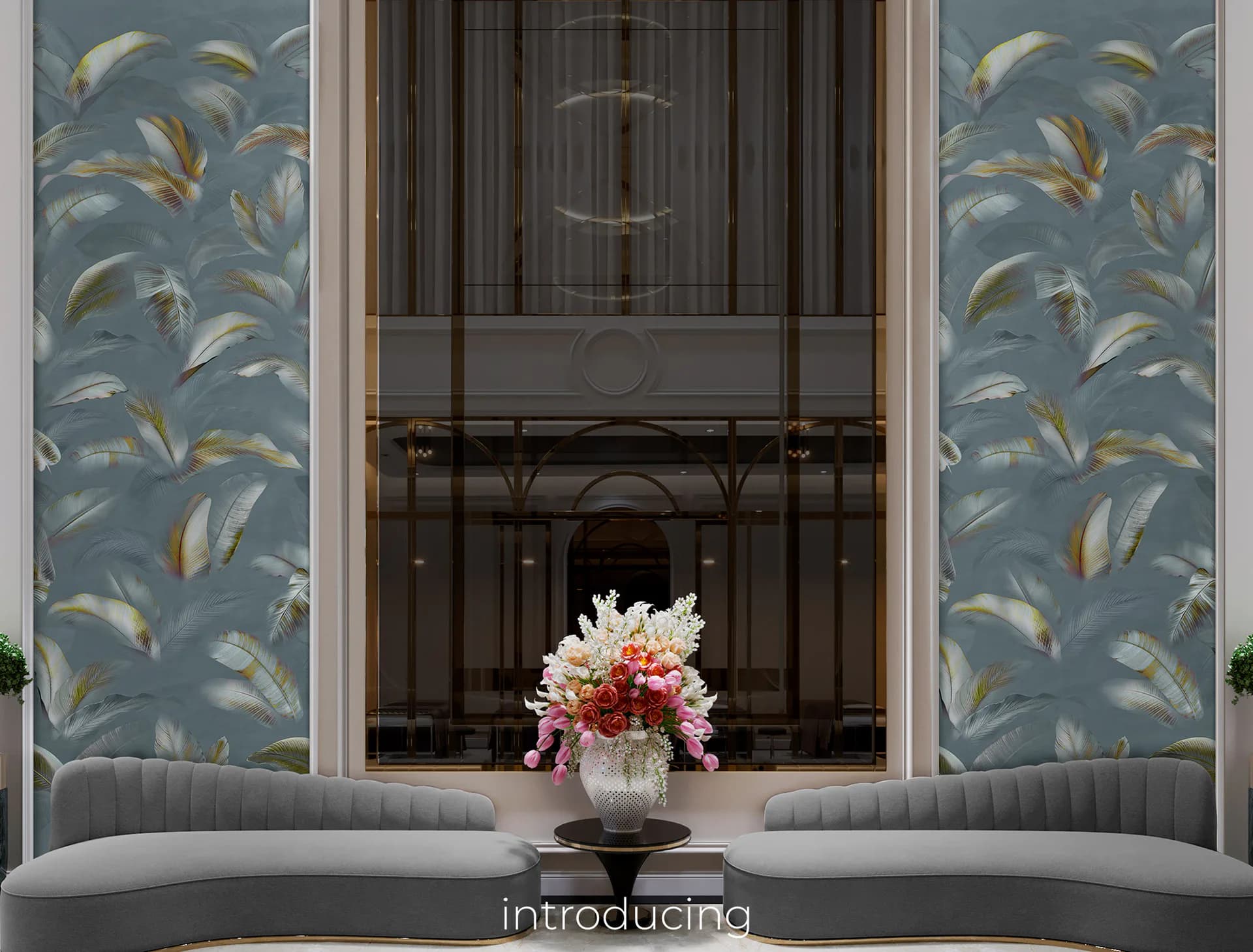 Luxurious modern lobby with curved gray seating, decorative blue-green botanical wall panels, black entrance doors, and floral arrangement by Trove.