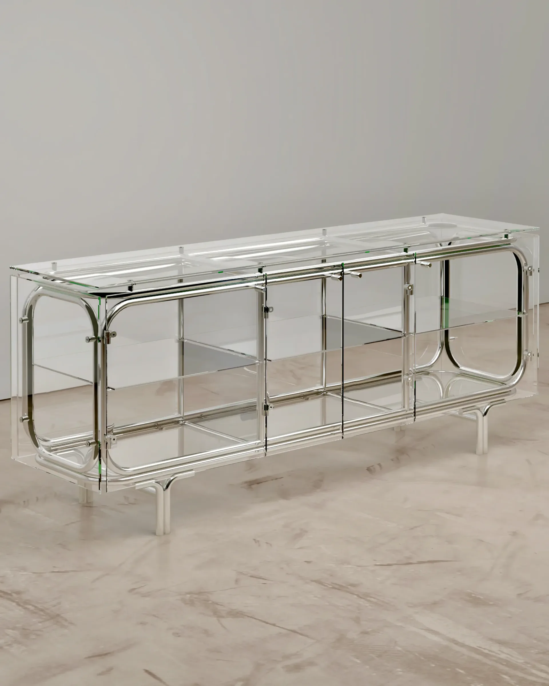 Modern glass and chrome shelving unit with multiple tiers displayed against marble flooring, showcasing minimalist furniture design by Troy Smith Studio.