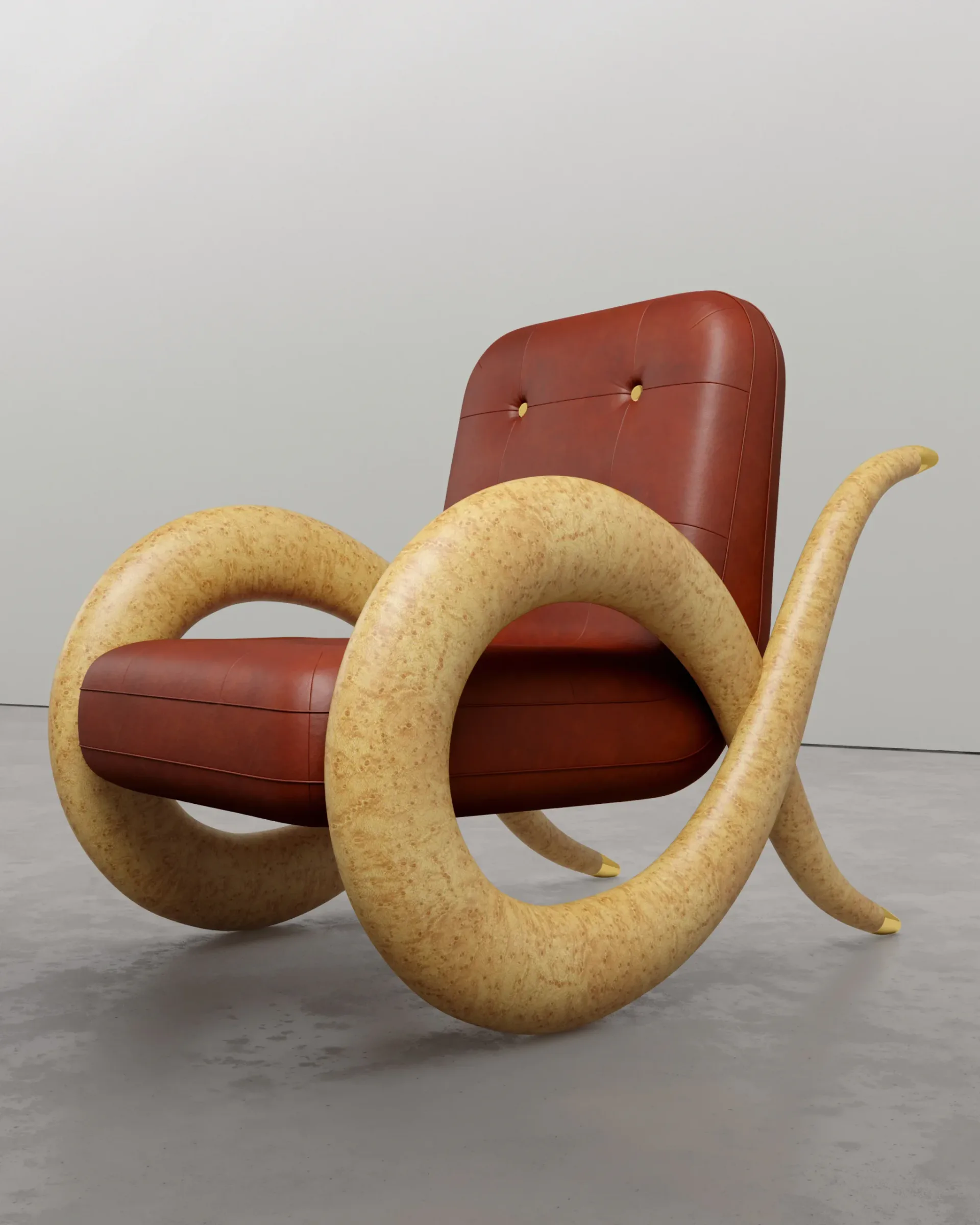 Surreal furniture installation featuring a red leather chair integrated with large curved wooden forms, by Troy Smith Studio.
