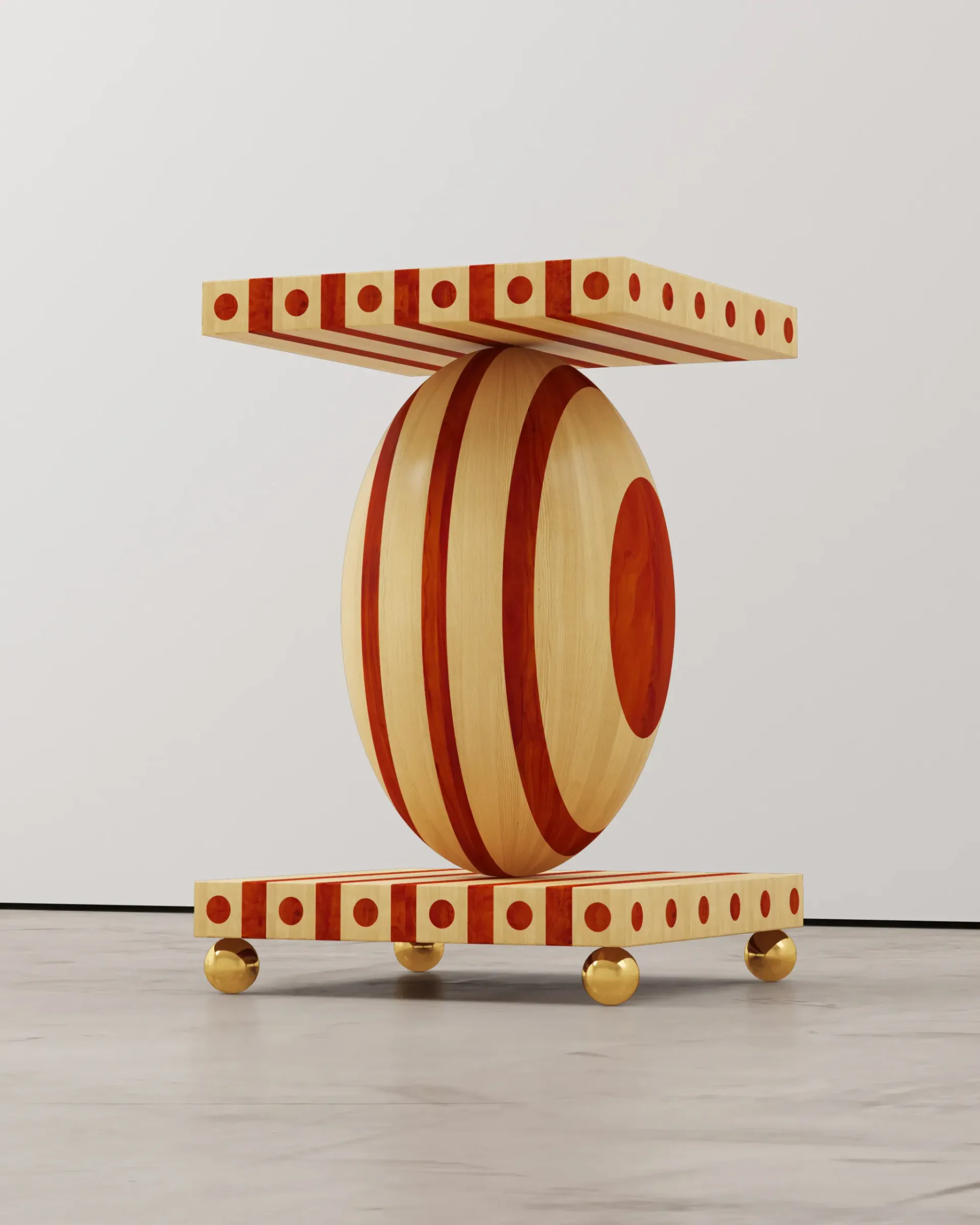 Wooden sculptural installation with stacked barrel form featuring red and natural wood bands, supported by geometric wooden frames with spherical feet, by Troy Smith Studio.