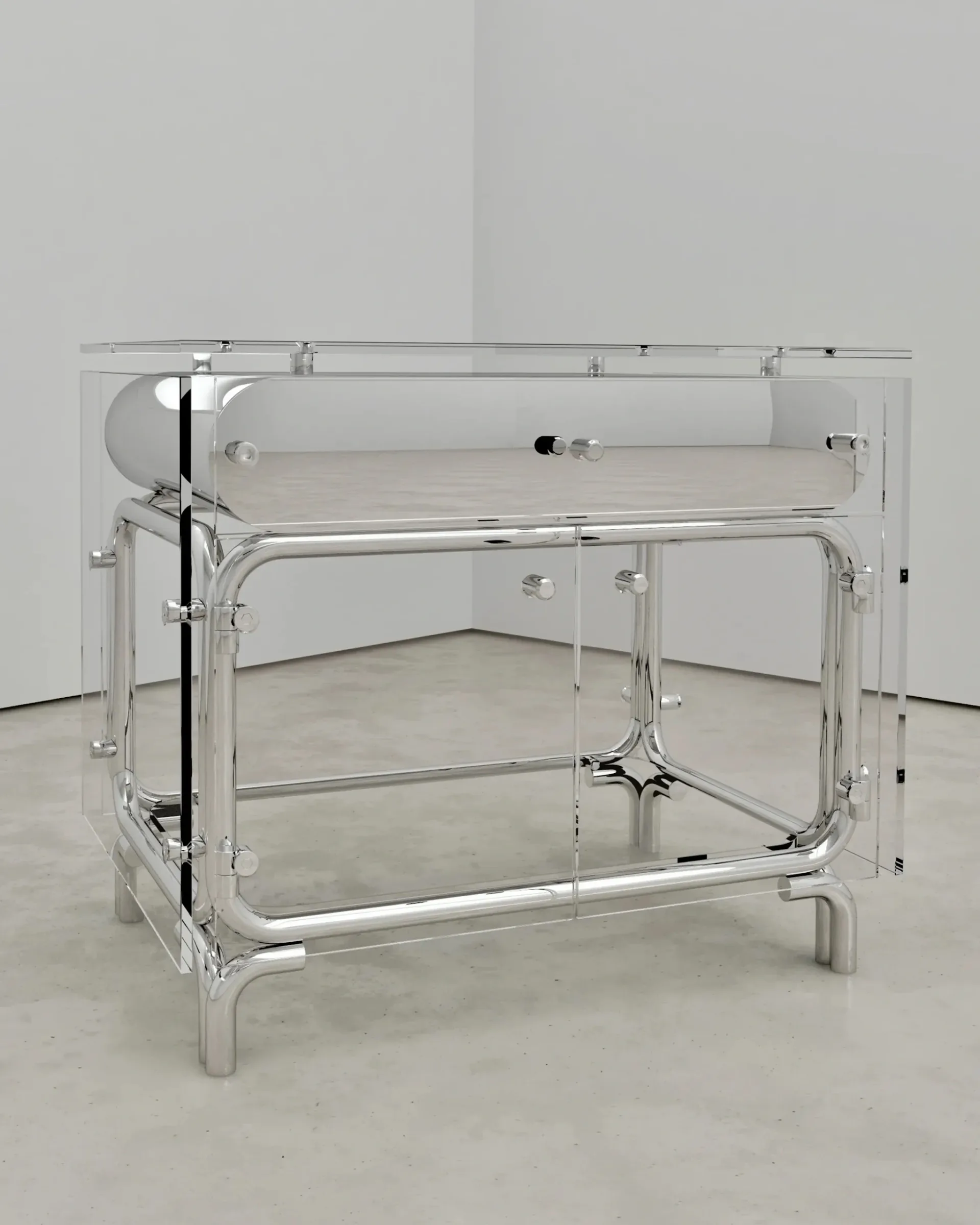 Transparent acrylic and metal laboratory or containment chamber with multiple shelves and access ports, positioned in a minimalist gallery space by Troy Smith Studio.