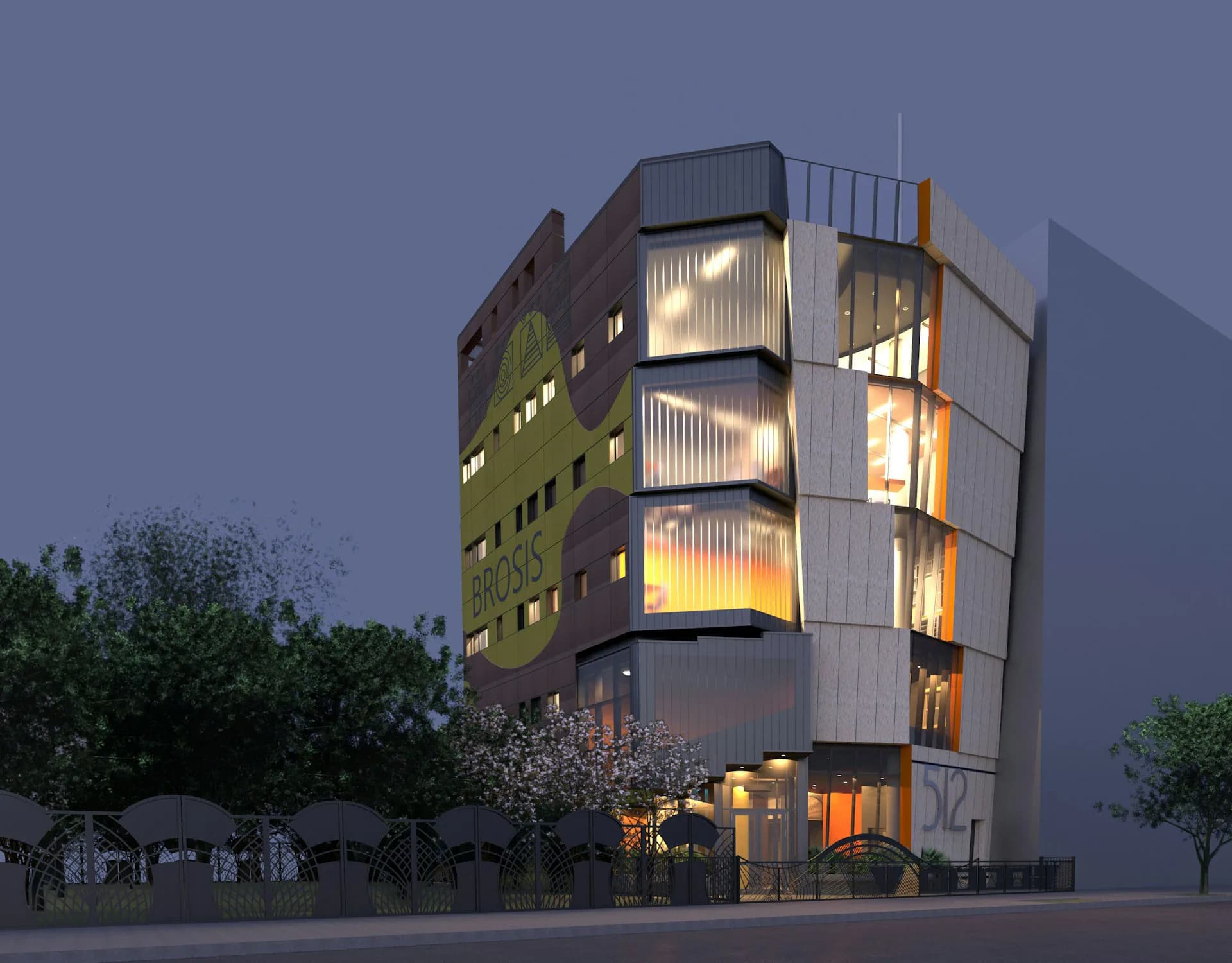 Illuminated multi-story residential building with stacked volumes, warm interior lighting, and metallic cladding, surrounded by trees at dusk, by Urban Architectural Initiatives.