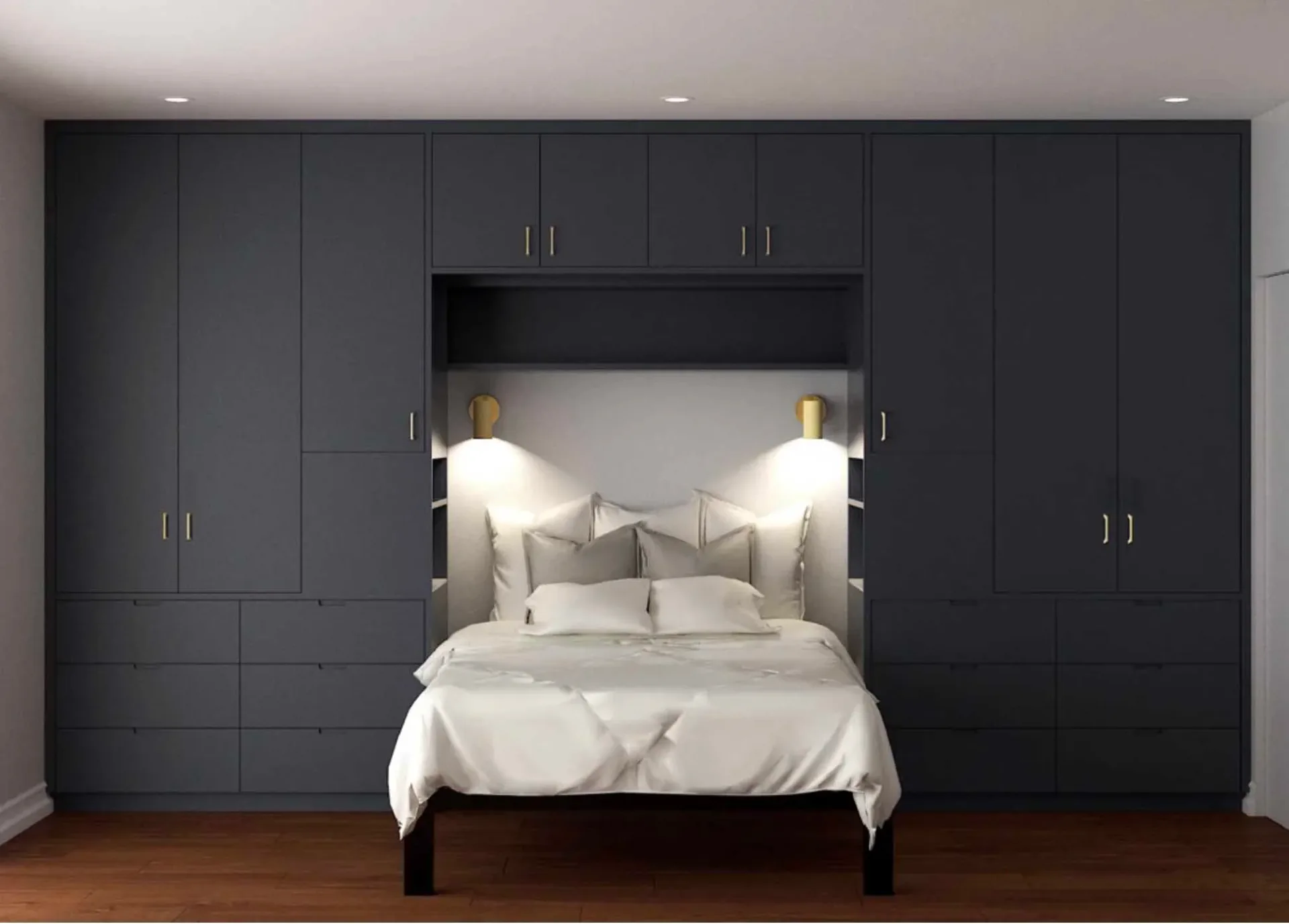 Modern bedroom with built-in black cabinetry, upholstered headboard with brass sconces, and wood flooring by Urban Homecraft.