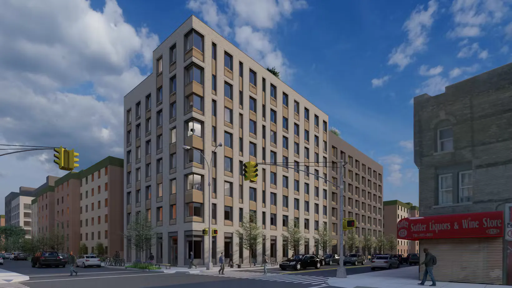 Cream-colored corner building with regular window grid, street-level retail, and blue sky with clouds, by Urban Quotient, PC.