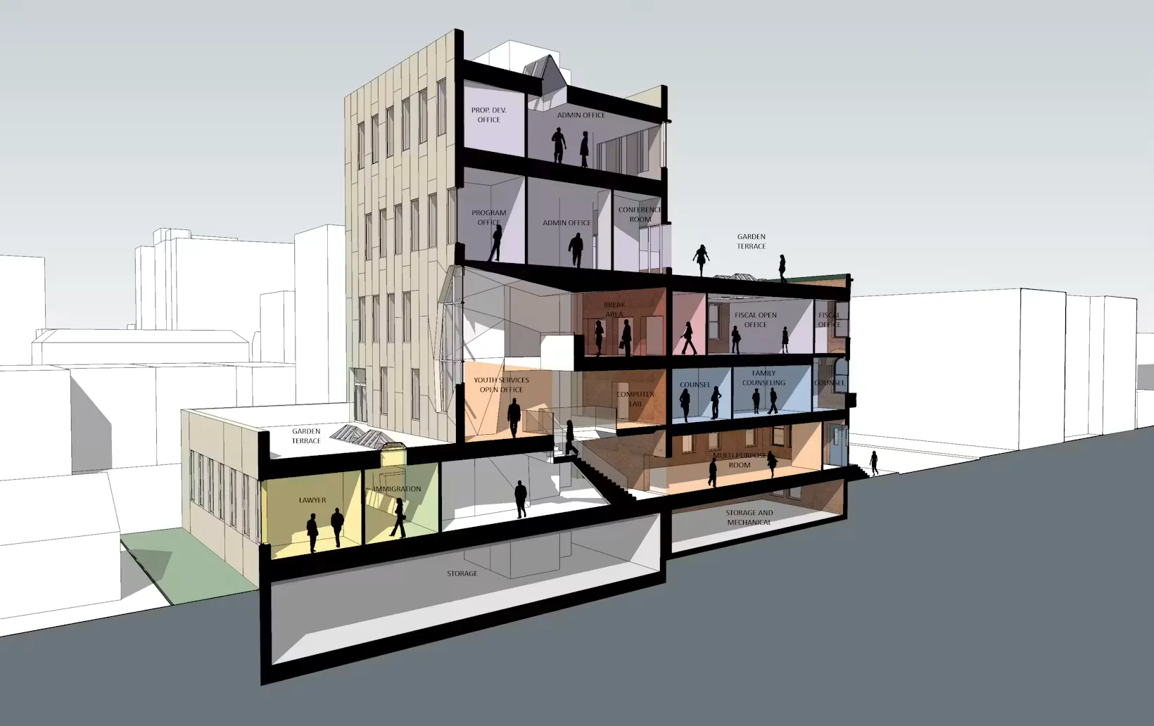 Architectural section drawing of a mixed-use residential building showing stacked floors with apartments, ground-level retail, and public spaces in muted earth tones and grays by Urban Quotient, PC.