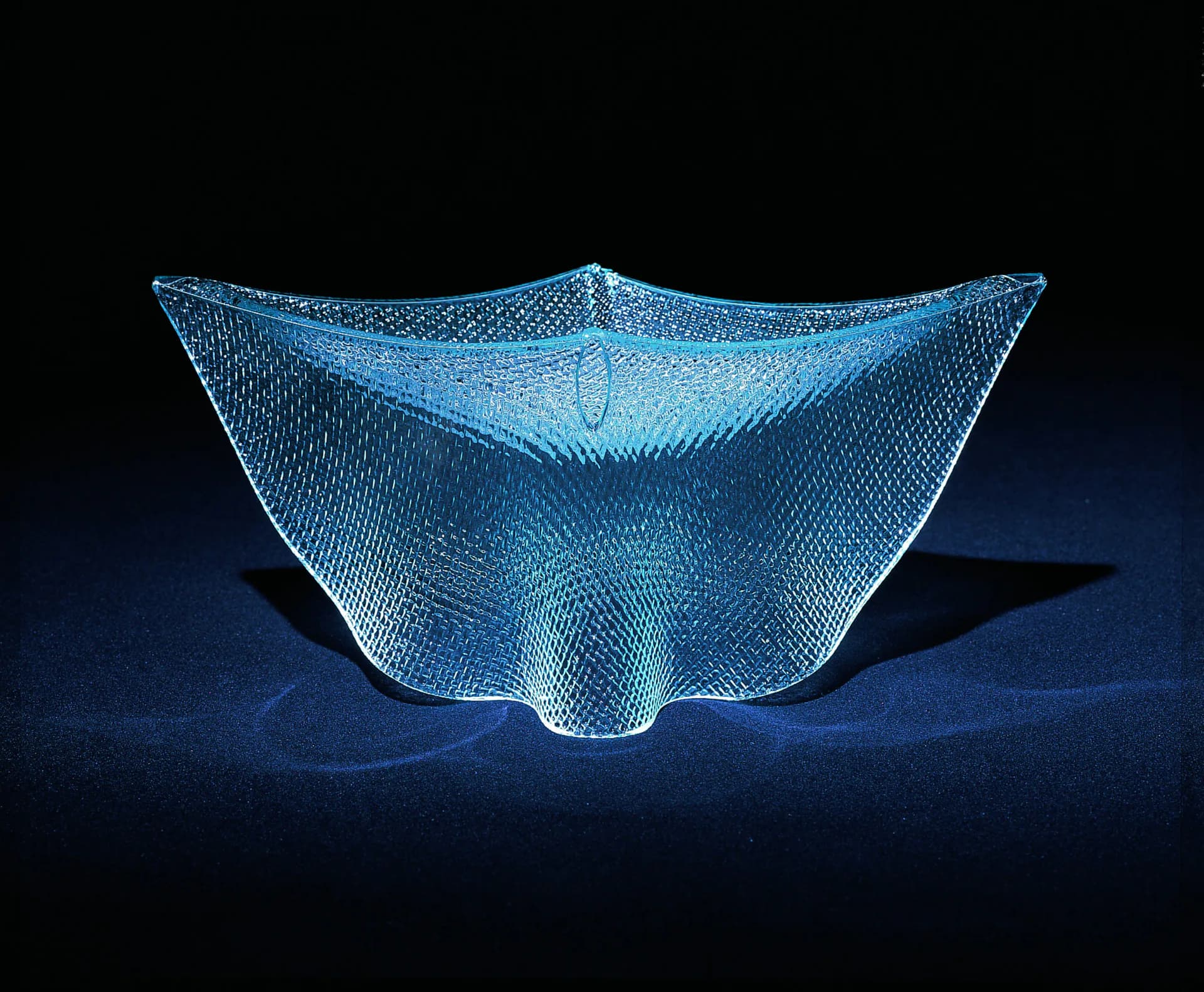 Digital wireframe model of an undulating glass or mesh surface with organic curves, rendered in luminous blue against a dark background by UrbanGlass.