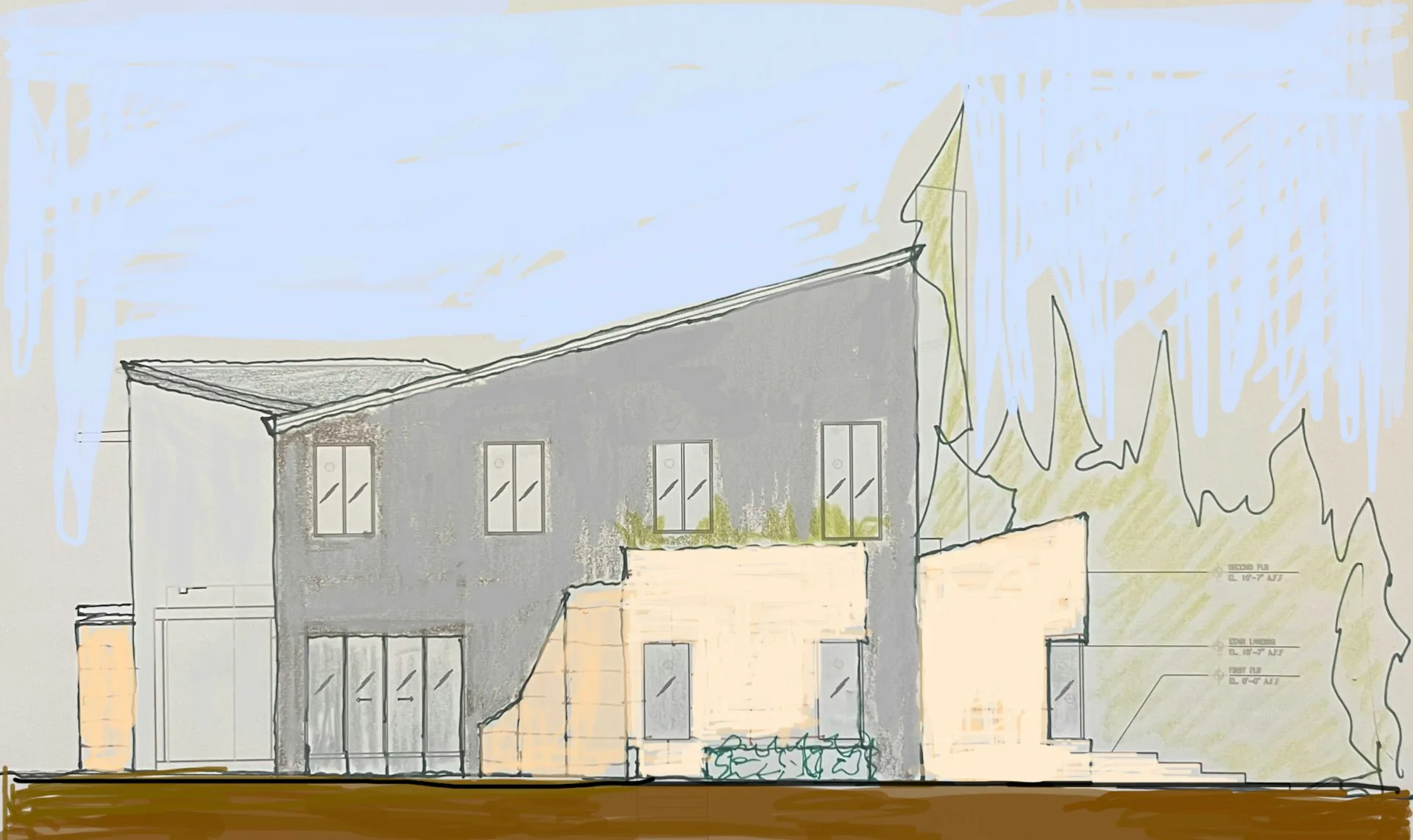 Architectural elevation drawing showing a contemporary multi-story residential building with angular rooflines, large windows, and mixed material facades in cream and gray tones by Valerie Schweitzer Architects (VSA).